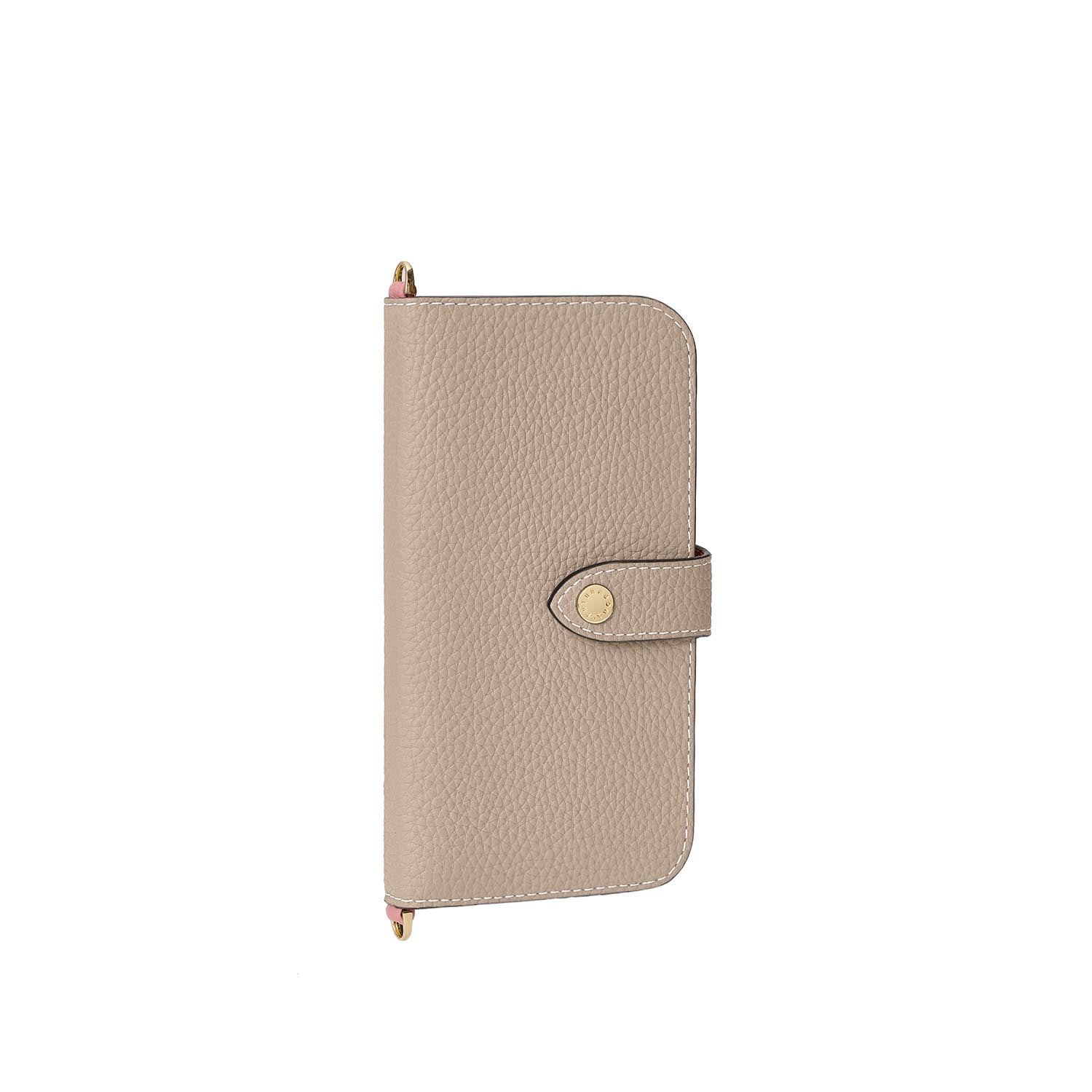iPhone 16 Belted Diary Case Shrink Leather (Greige × Coral Pink)