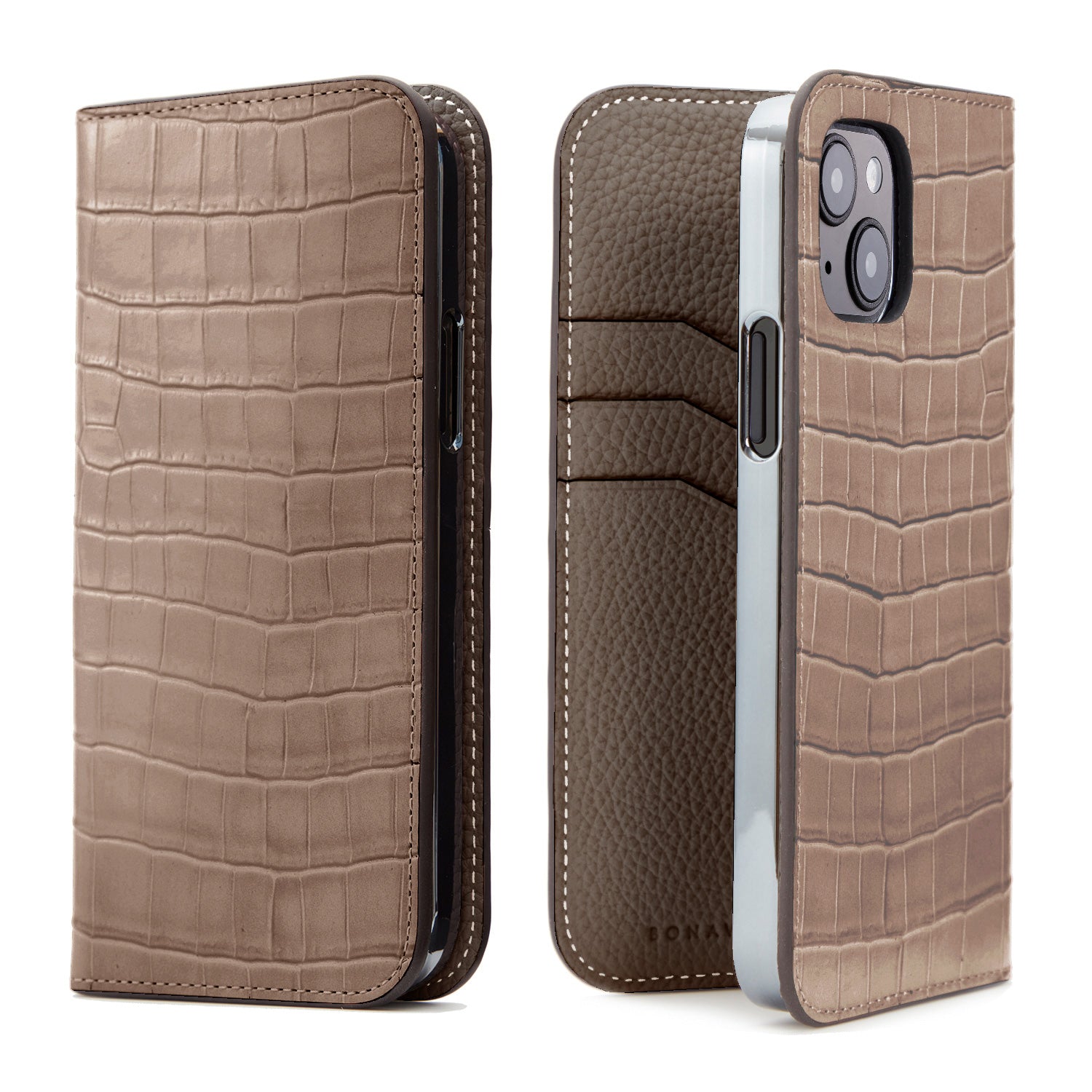 iPhone 15 Diary Case Embossed Croco Leather (Etoupe)