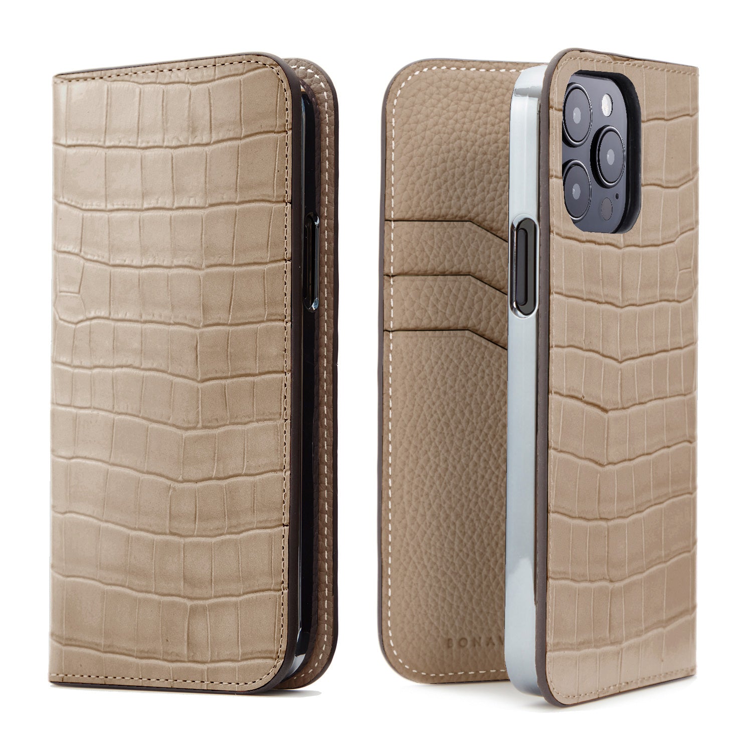 iPhone 15 Pro Diary Case Embossed Croco Leather (Greige)