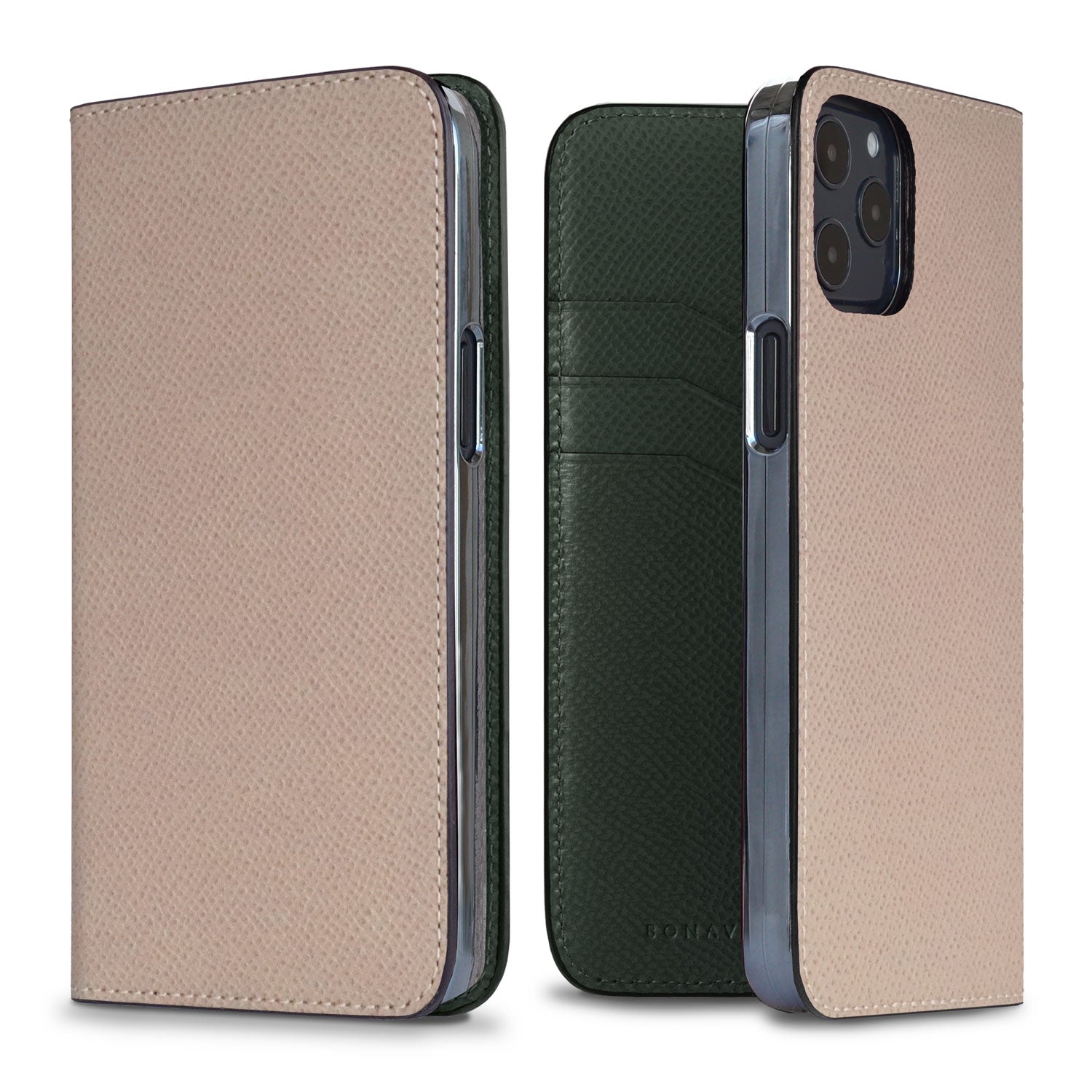 iPhone 12 / 12 Pro Diary Case Nobile Leather (Greige × Malachite Green)