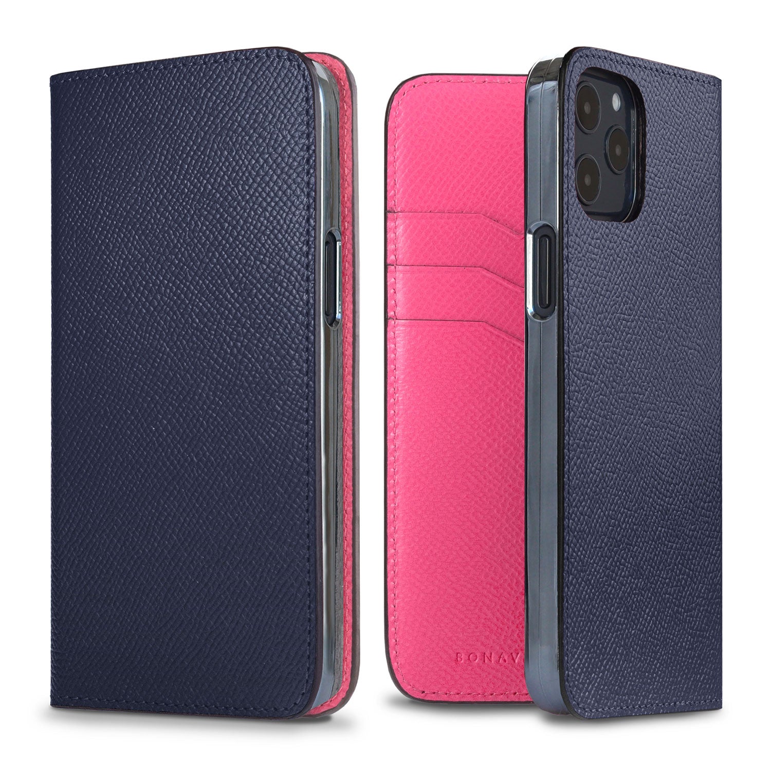 iPhone 12 / 12 Pro Diary Case Nobile Leather (Navy × Fuchsia Pink)