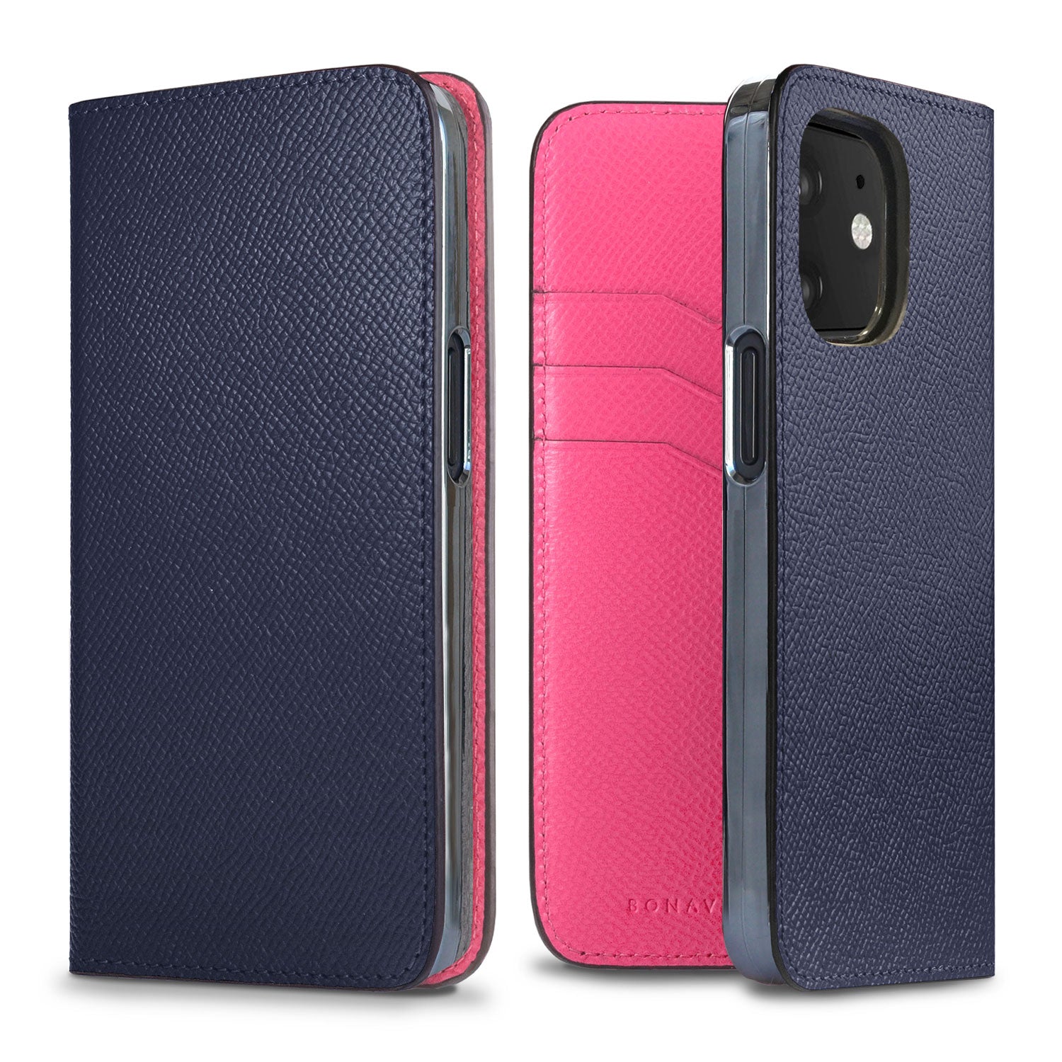 iPhone 12 mini Diary Case Nobile Leather (Navy × Fuchsia Pink)
