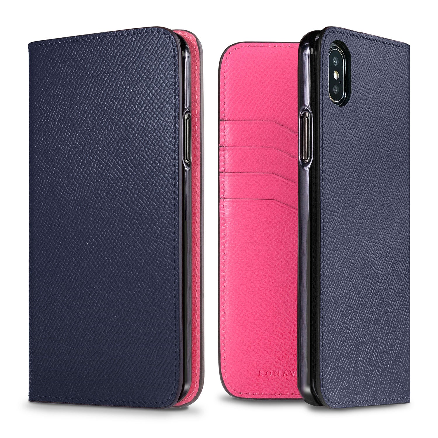 iPhone Xs Max Diary Case Nobile Leather (Navy × Fuchsia Pink)