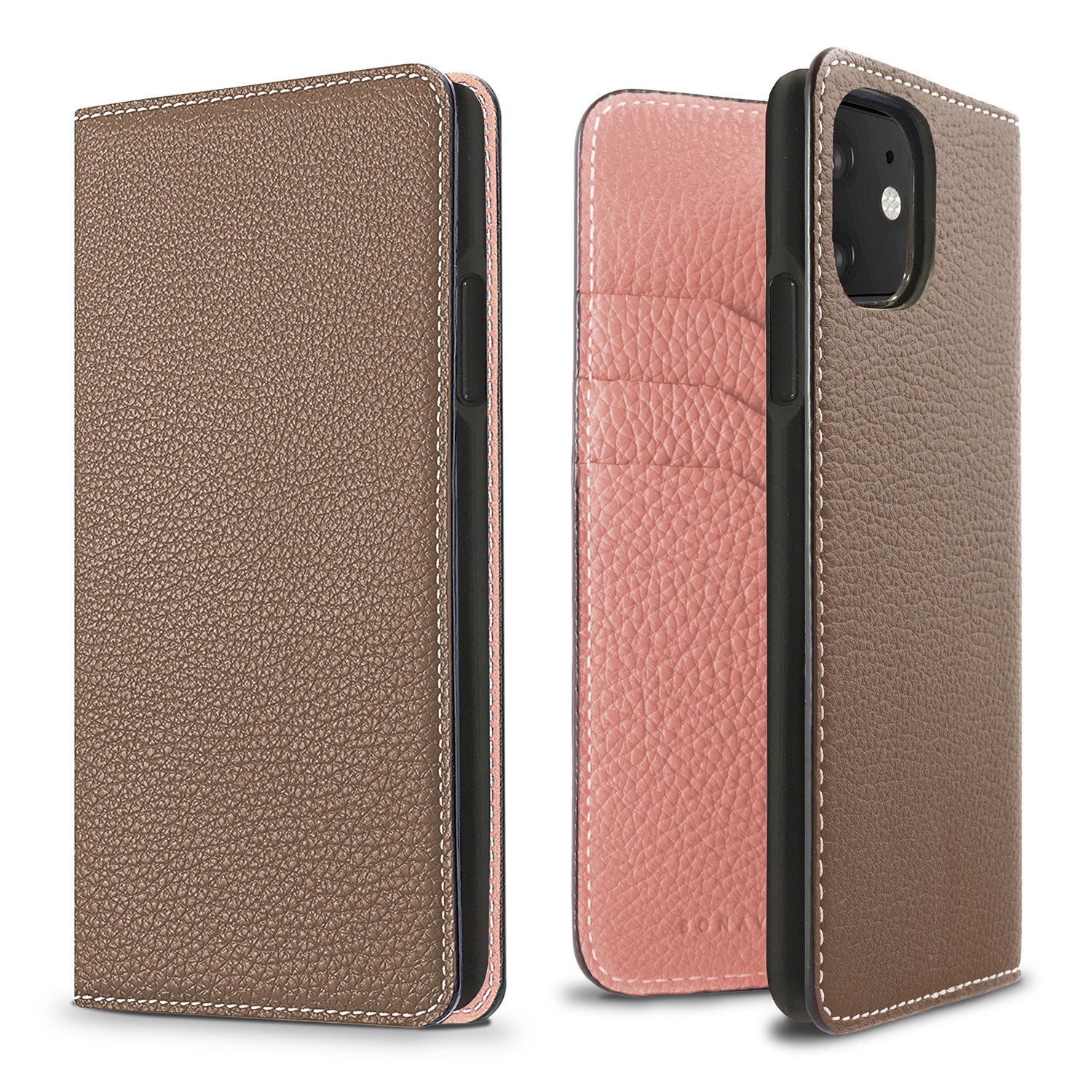iPhone 11 Diary Case Shrink Leather (Etoupe × Coral Pink)