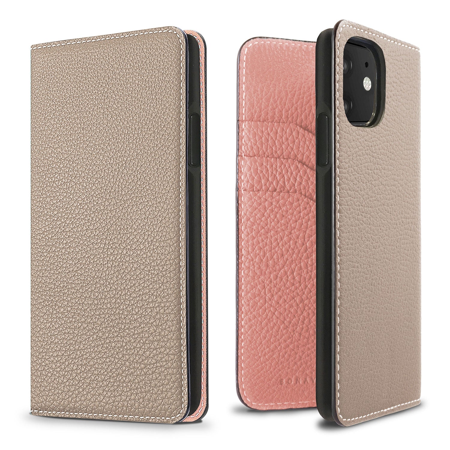iPhone 11 Diary Case Shrink Leather (Greige × Coral Pink)