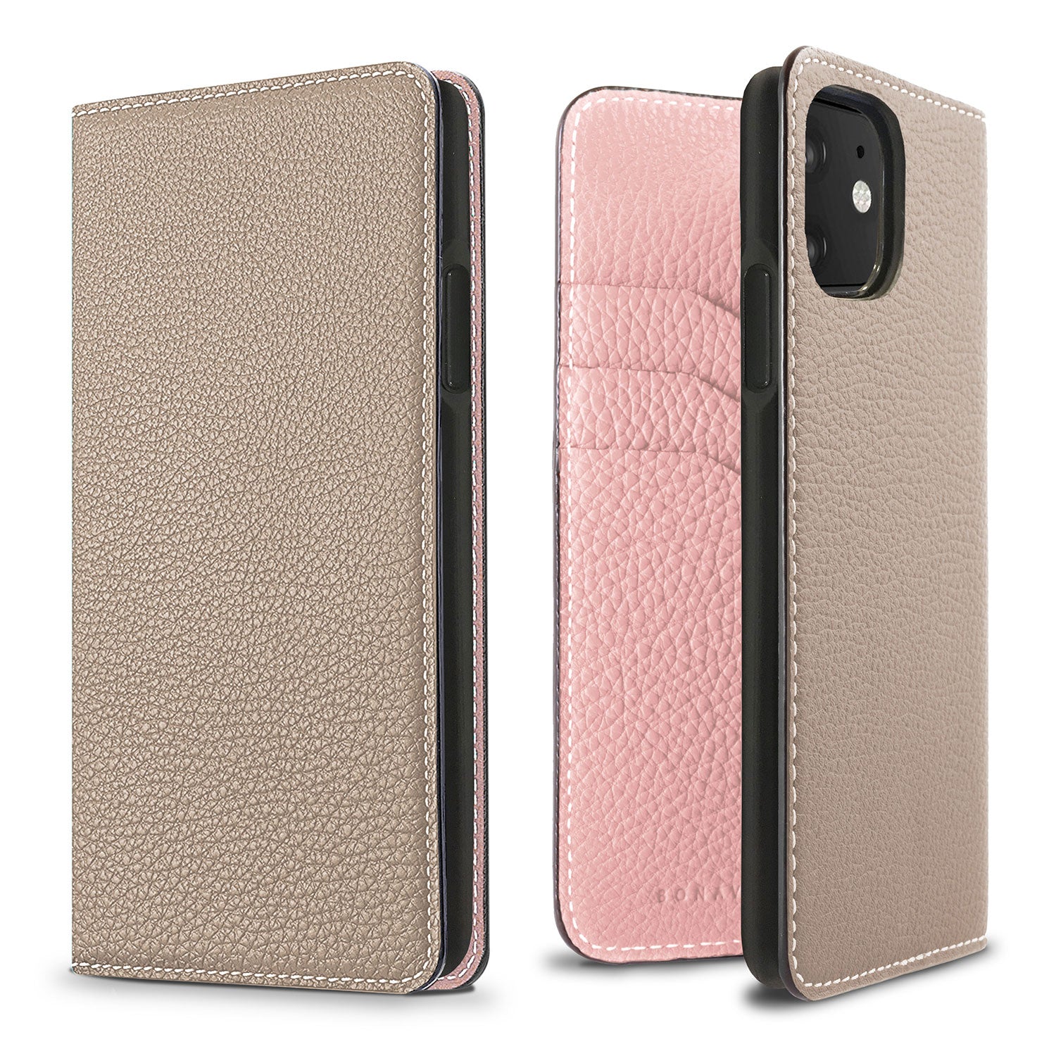 iPhone 11 Diary Case Shrink Leather (Greige × Sakura Pink)