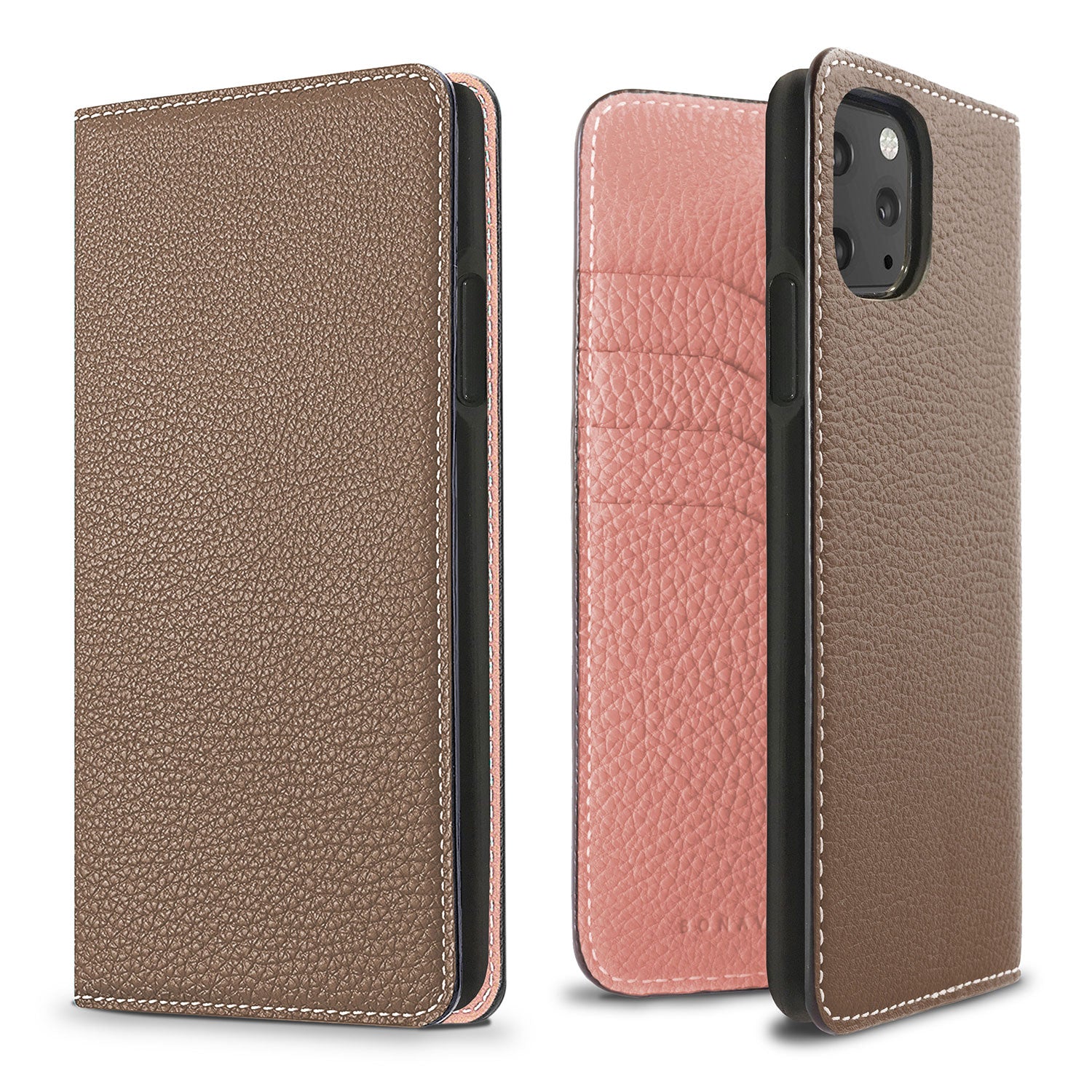 iPhone 11 Pro Max Diary Case Shrink Leather (Etoupe × Coral Pink)