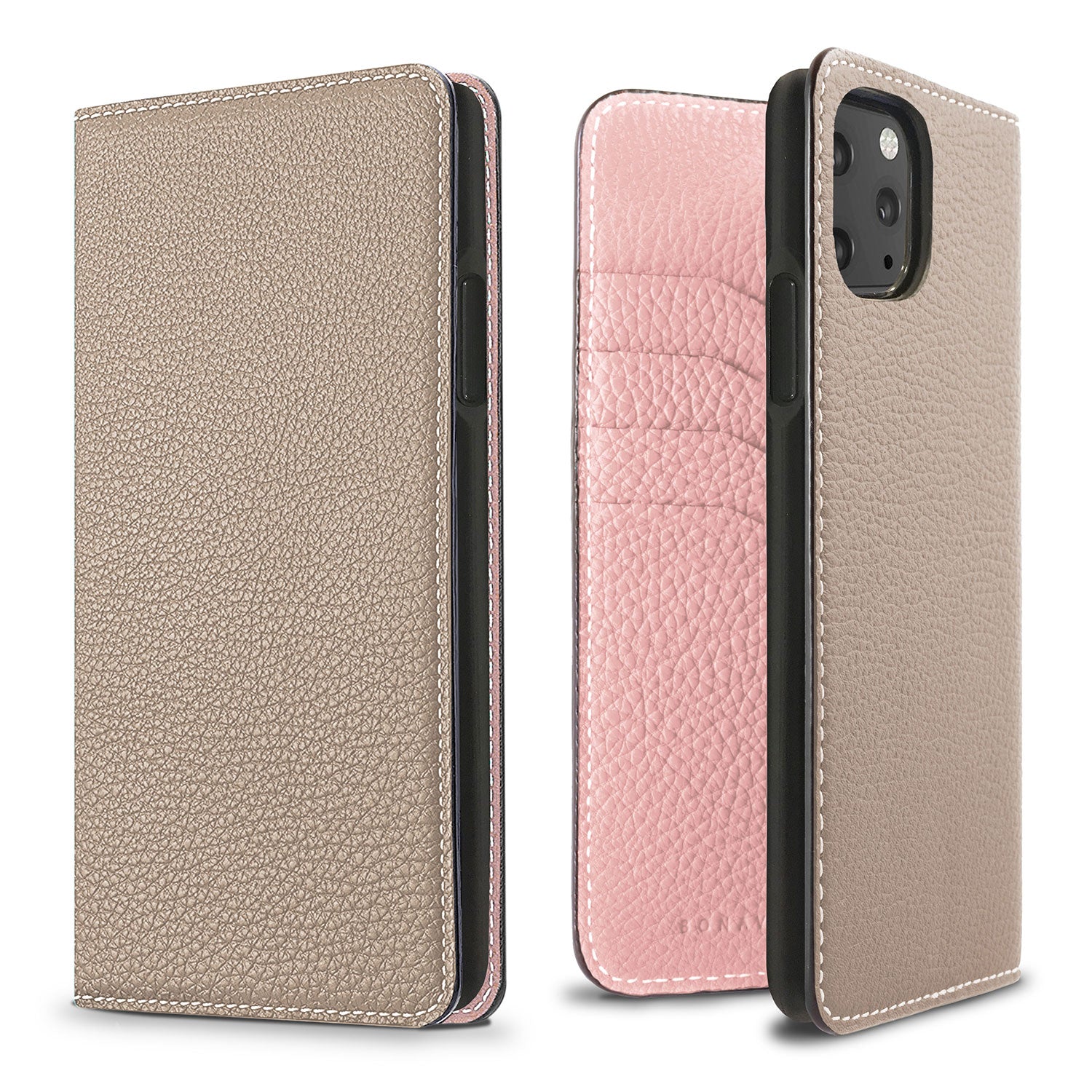 iPhone 11 Pro Max Diary Case Shrink Leather (Greige × Sakura Pink)