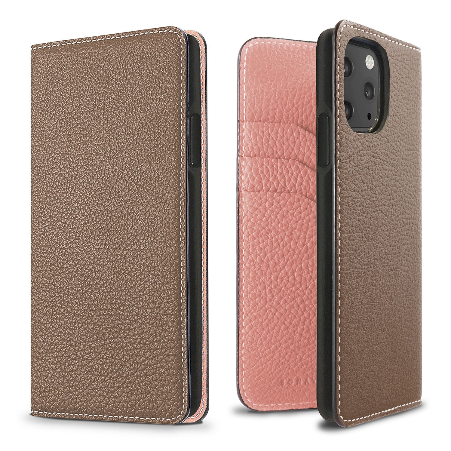 iPhone 11 Pro Diary Case Shrink Leather (Etoupe × Coral Pink)