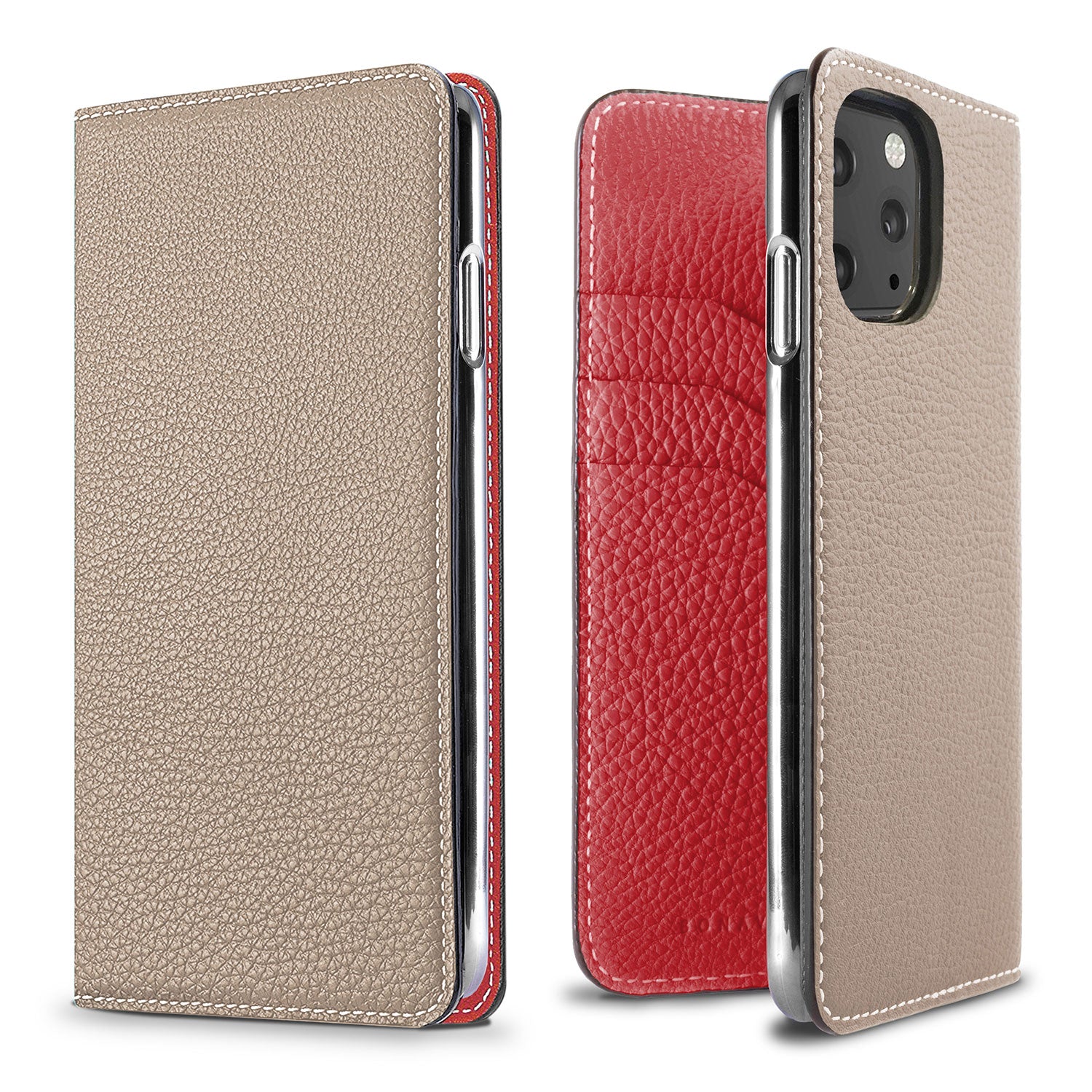 iPhone 11 Pro Diary Case Shrink Leather (Greige × Red)
