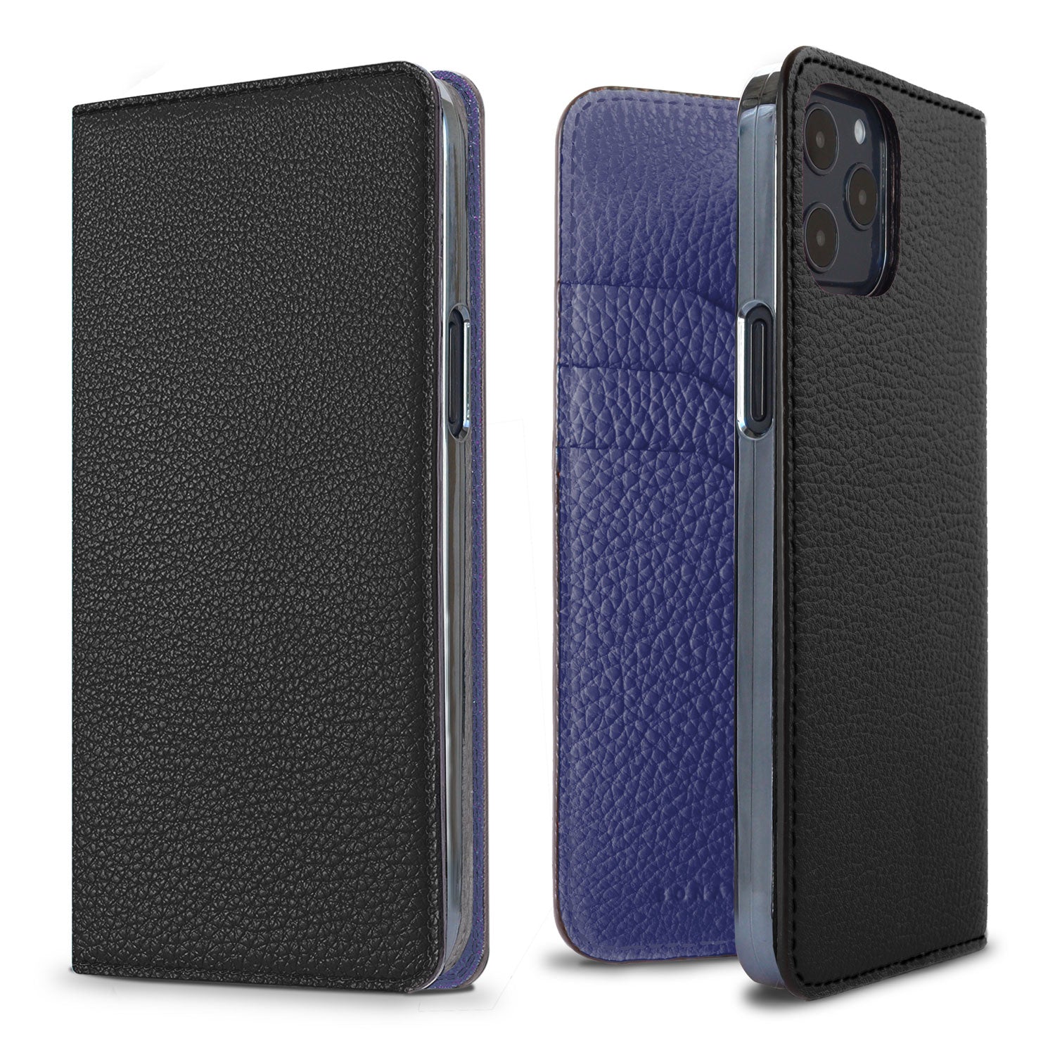 iPhone 12 / 12 Pro Diary Case Shrink Leather (Black × Electric Blue)