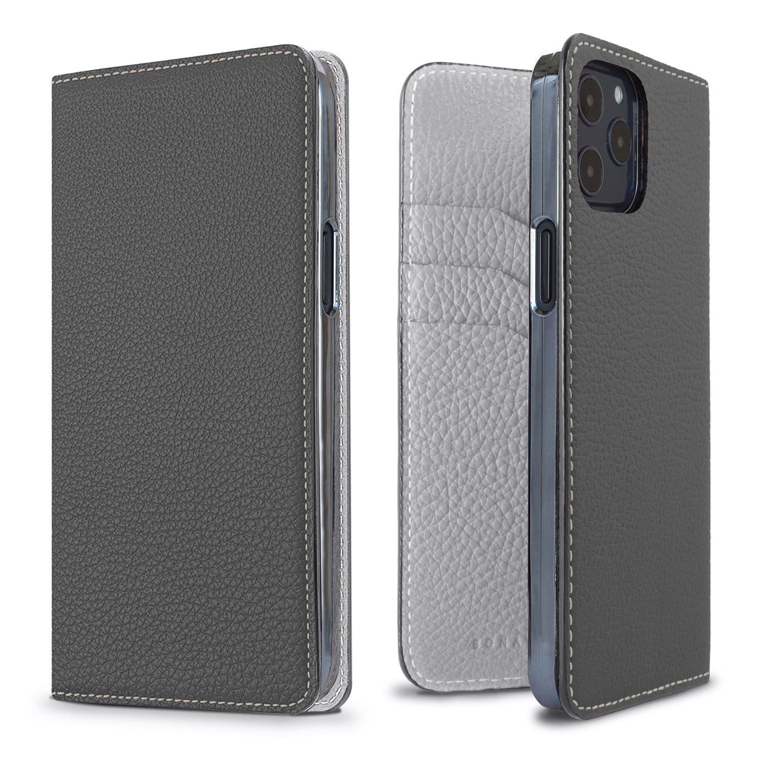 iPhone 12 / 12 Pro Diary Case Shrink Leather (Charcoal Gray × True Gray)