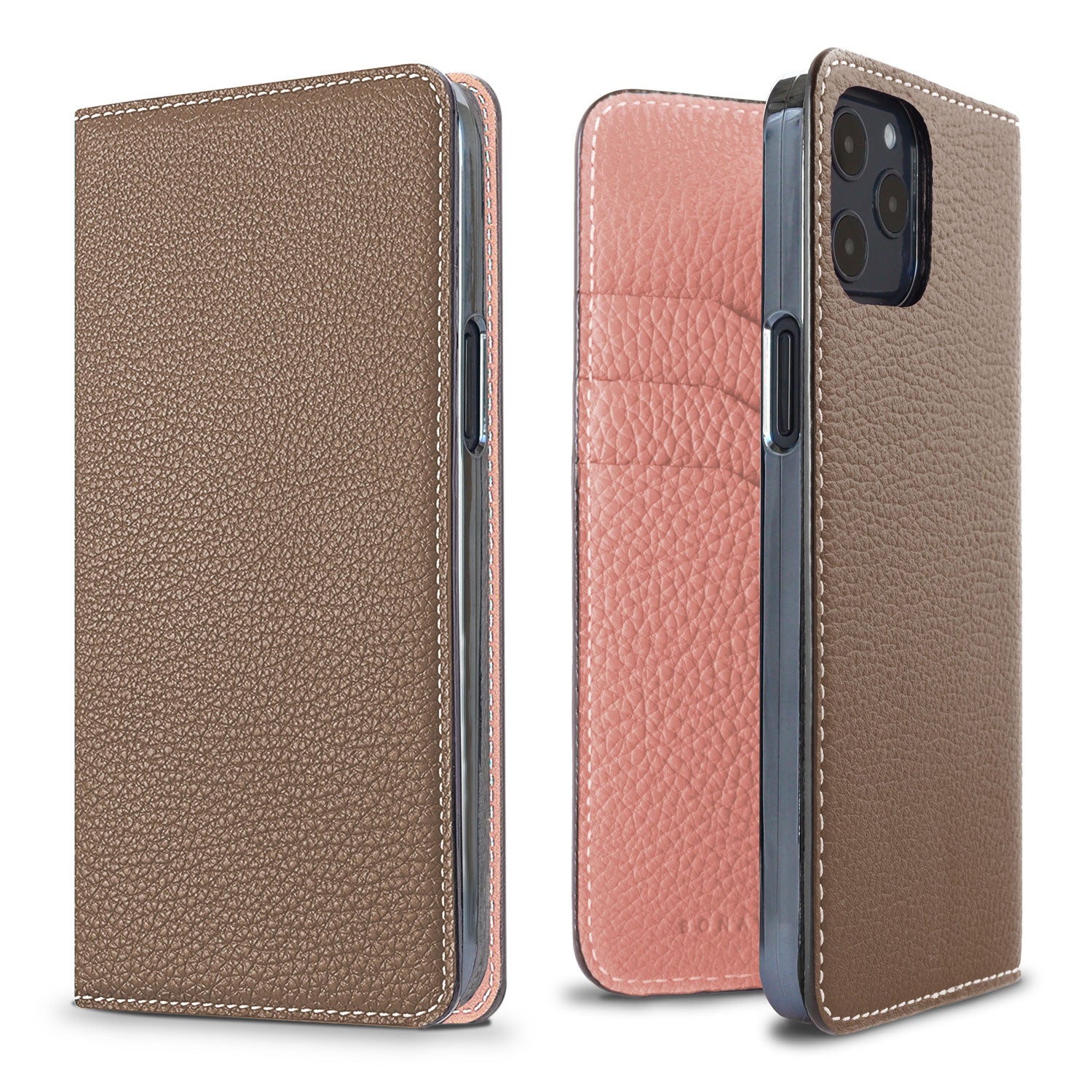 iPhone 12 / 12 Pro Diary Case Shrink Leather (Etoupe × Coral Pink)