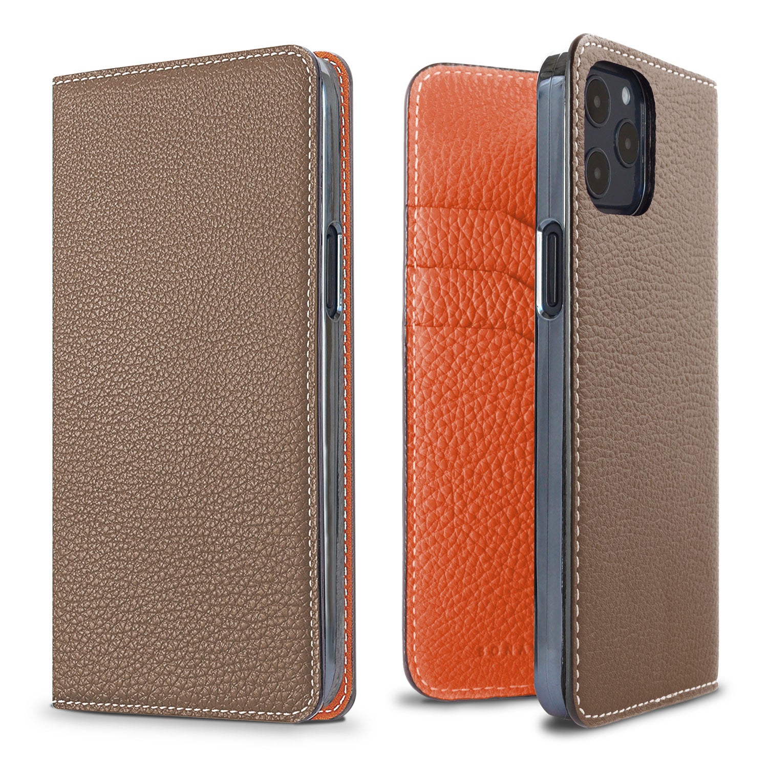 iPhone 12 / 12 Pro Diary Case Shrink Leather (Etoupe × Orange)