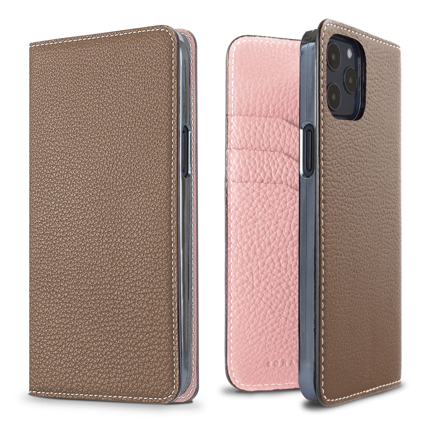 iPhone 12 / 12 Pro Diary Case Shrink Leather (Etoupe × Sakura Pink)