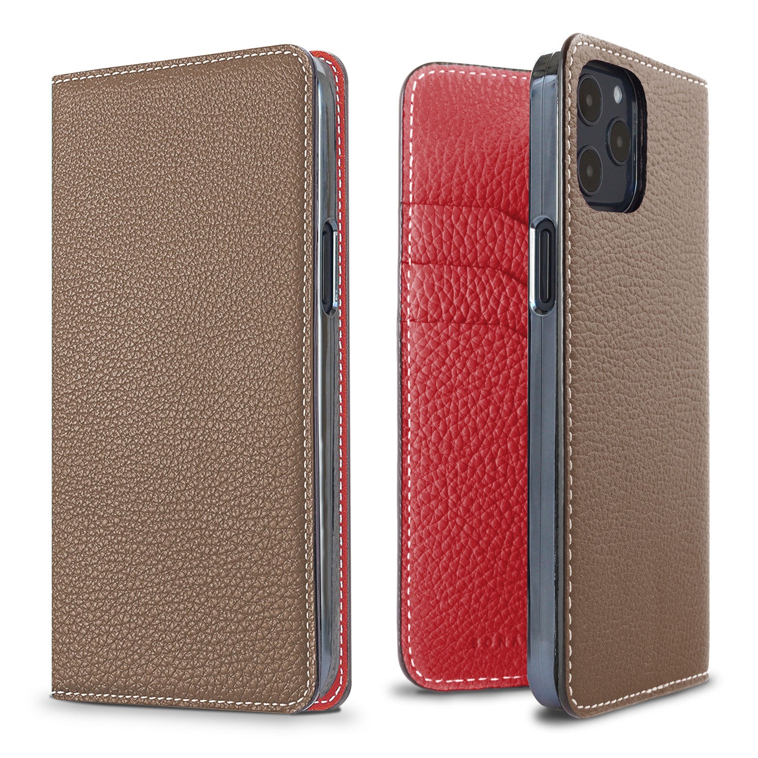 iPhone 12 / 12 Pro Diary Case Shrink Leather (Etoupe × Red)