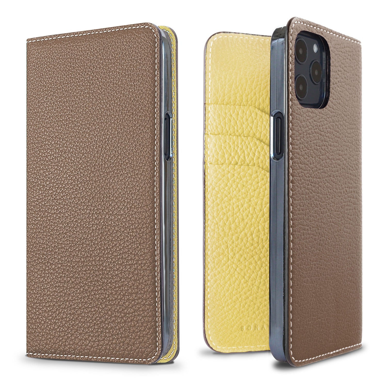 iPhone 12 / 12 Pro Diary Case Shrink Leather (Etoupe × Yellow)