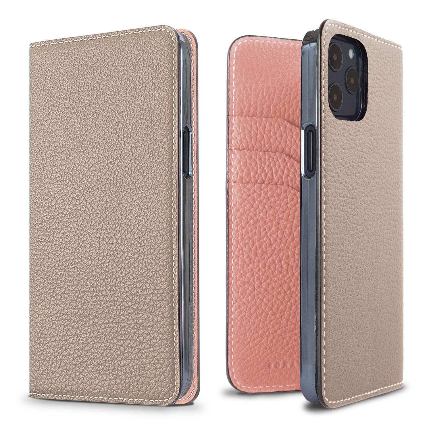 iPhone 12 / 12 Pro Diary Case Shrink Leather (Greige × Coral Pink)