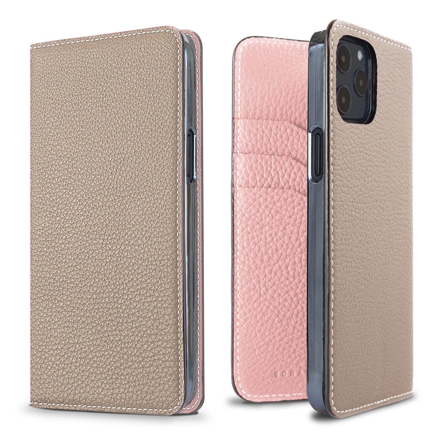 iPhone 12 / 12 Pro Diary Case Shrink Leather (Greige × Sakura Pink)