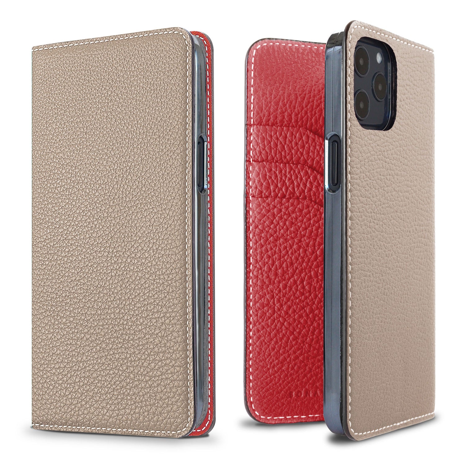 iPhone 12 / 12 Pro Diary Case Shrink Leather (Greige × Red)