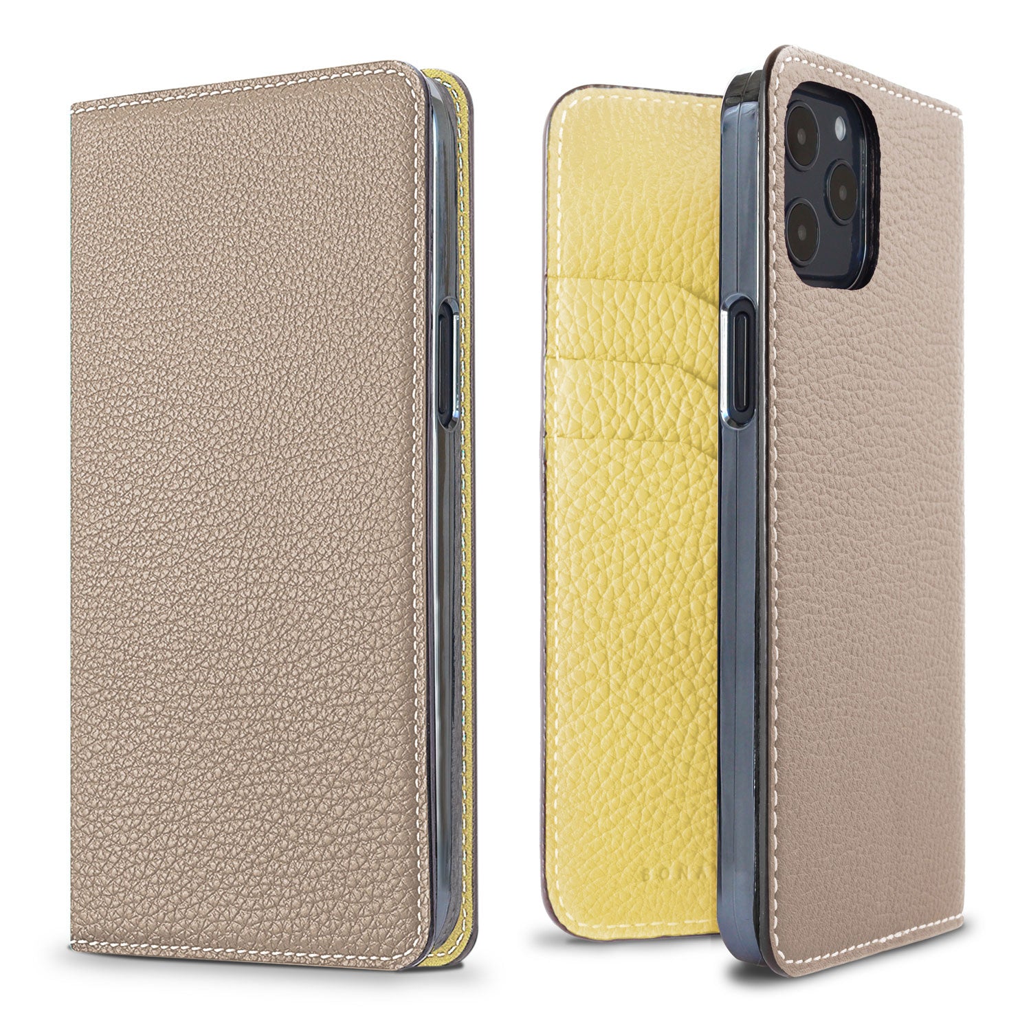 iPhone 12 / 12 Pro Diary Case Shrink Leather (Greige × Yellow)