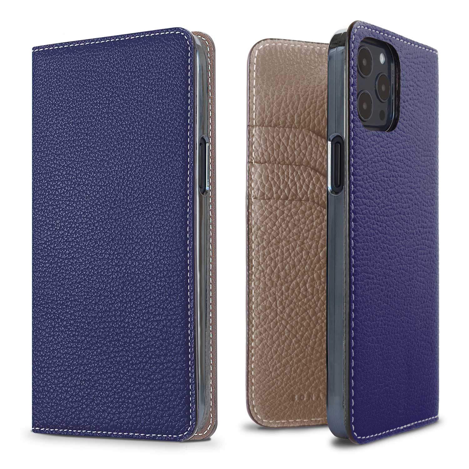 iPhone 12 / 12 Pro Diary Case Shrink Leather (Indigo Blue × Etoupe)