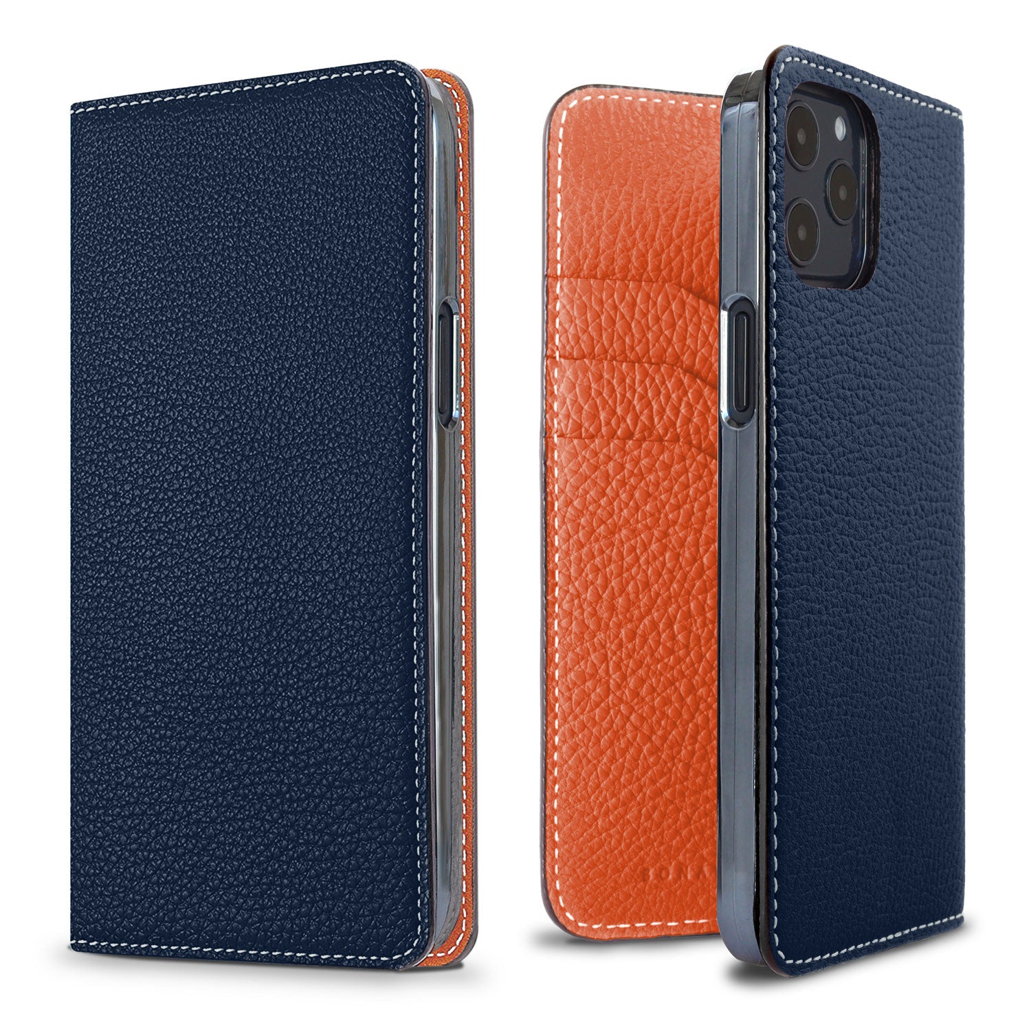 iPhone 12 / 12 Pro Diary Case Shrink Leather (Navy × Orange)
