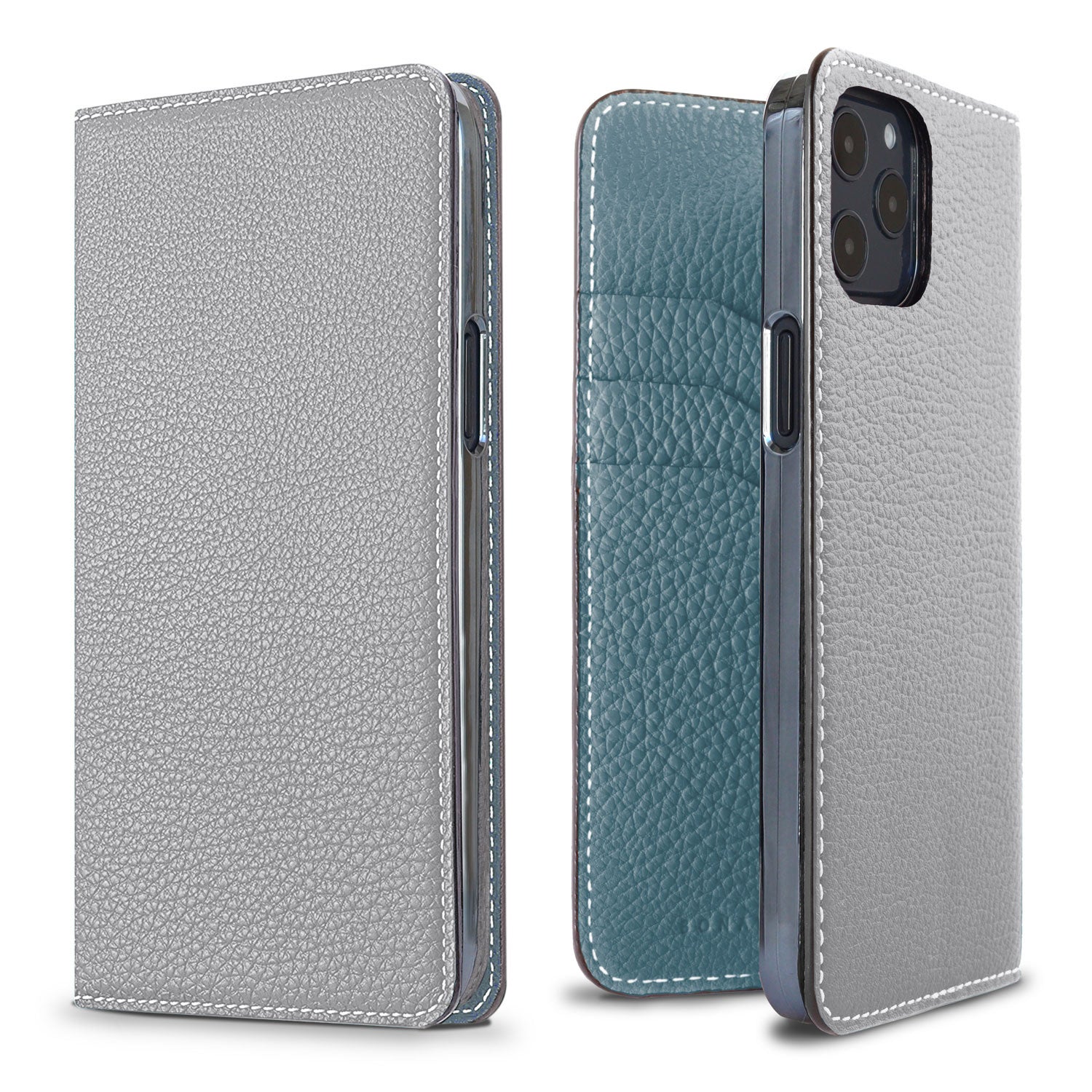 iPhone 12 / 12 Pro Diary Case Shrink Leather (True Gray × Blue Cyan)