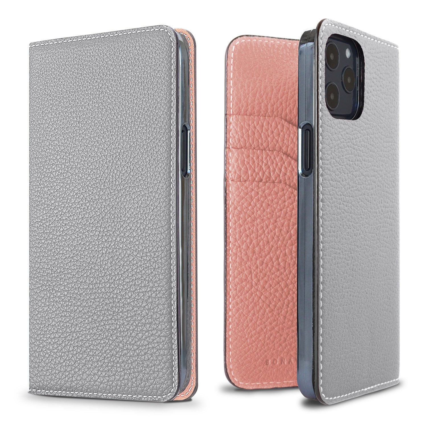 iPhone 12 / 12 Pro Diary Case Shrink Leather (True Gray × Coral Pink)