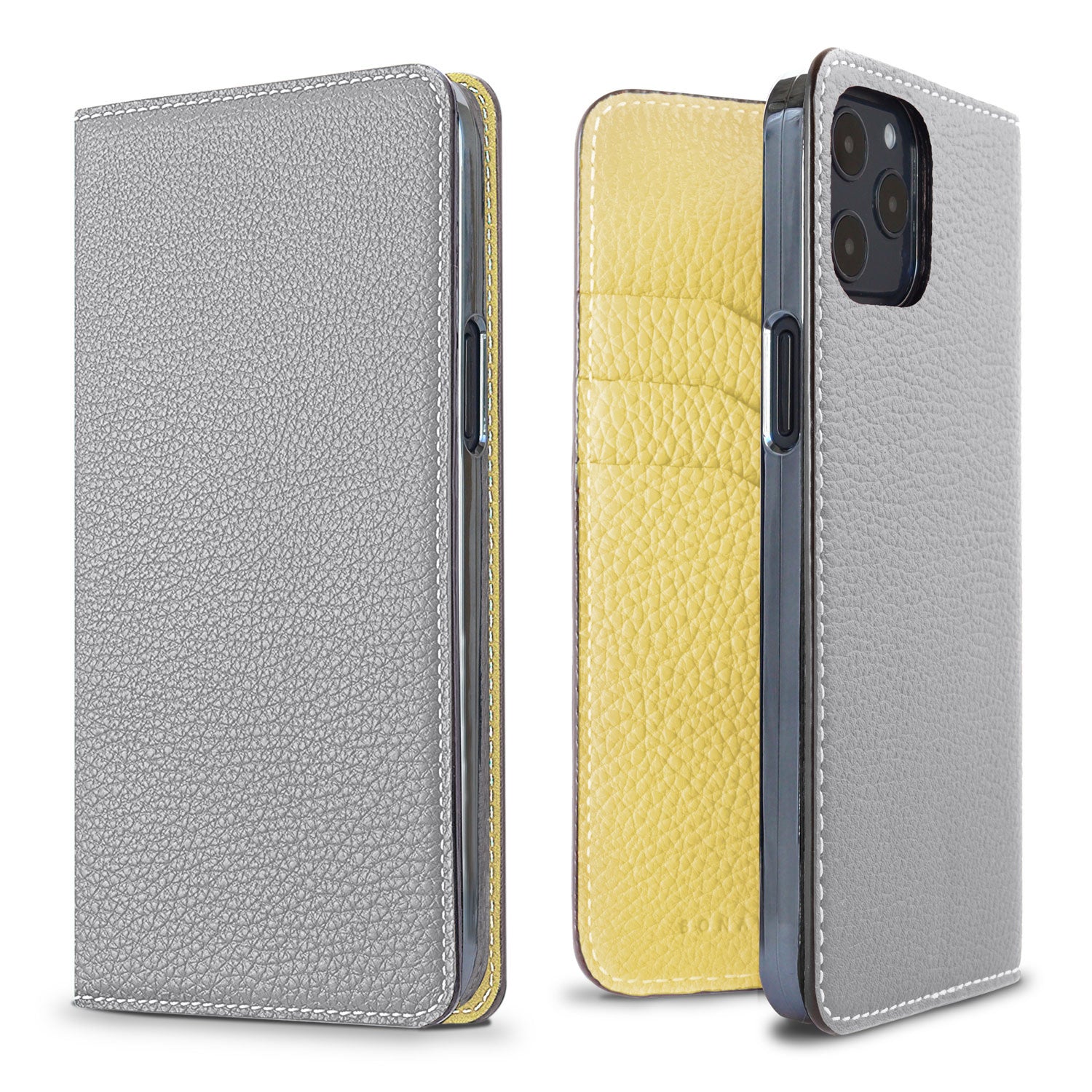 iPhone 12 / 12 Pro Diary Case Shrink Leather (True Gray × Yellow)