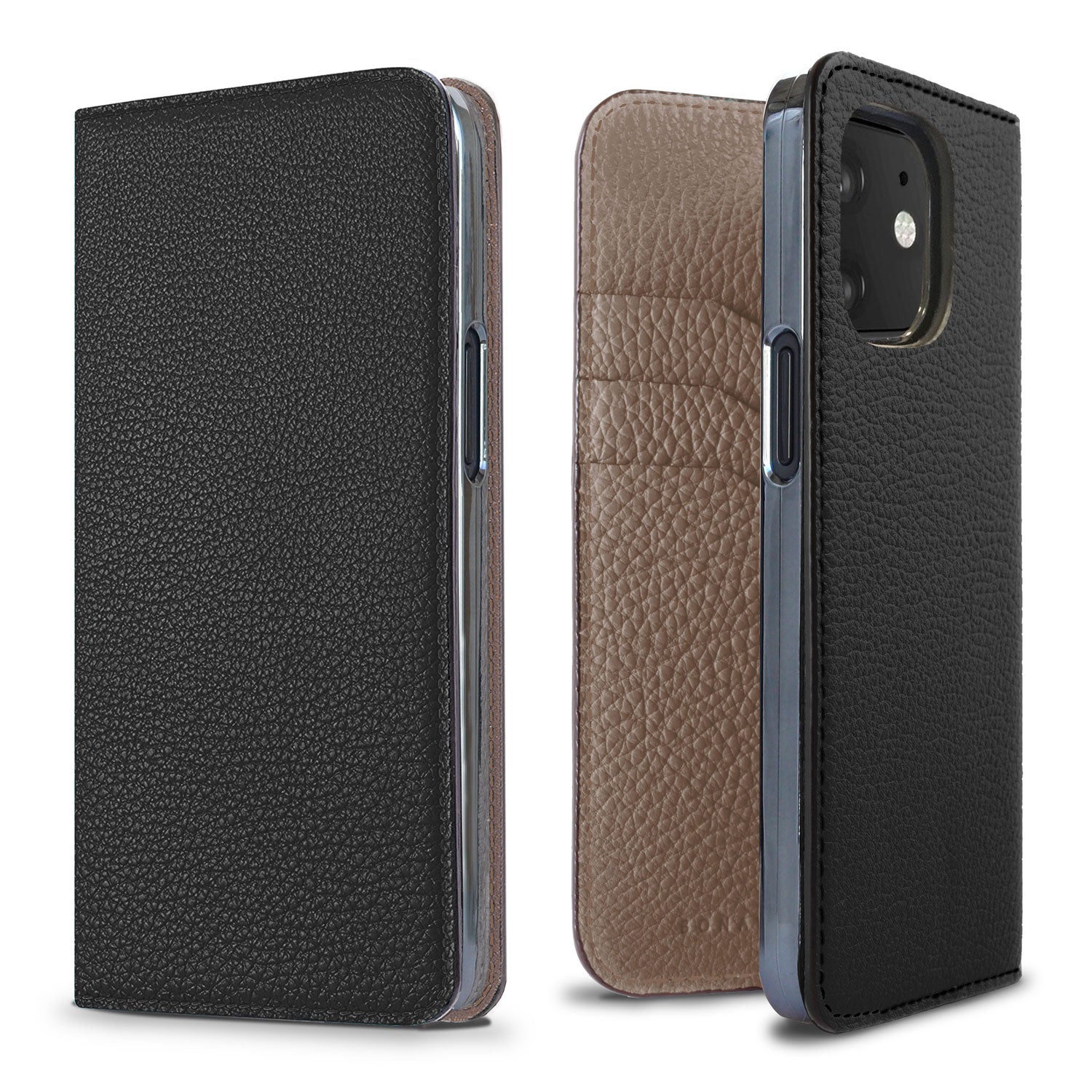 iPhone 12 mini Diary Case Shrink Leather (Black × Etoupe)