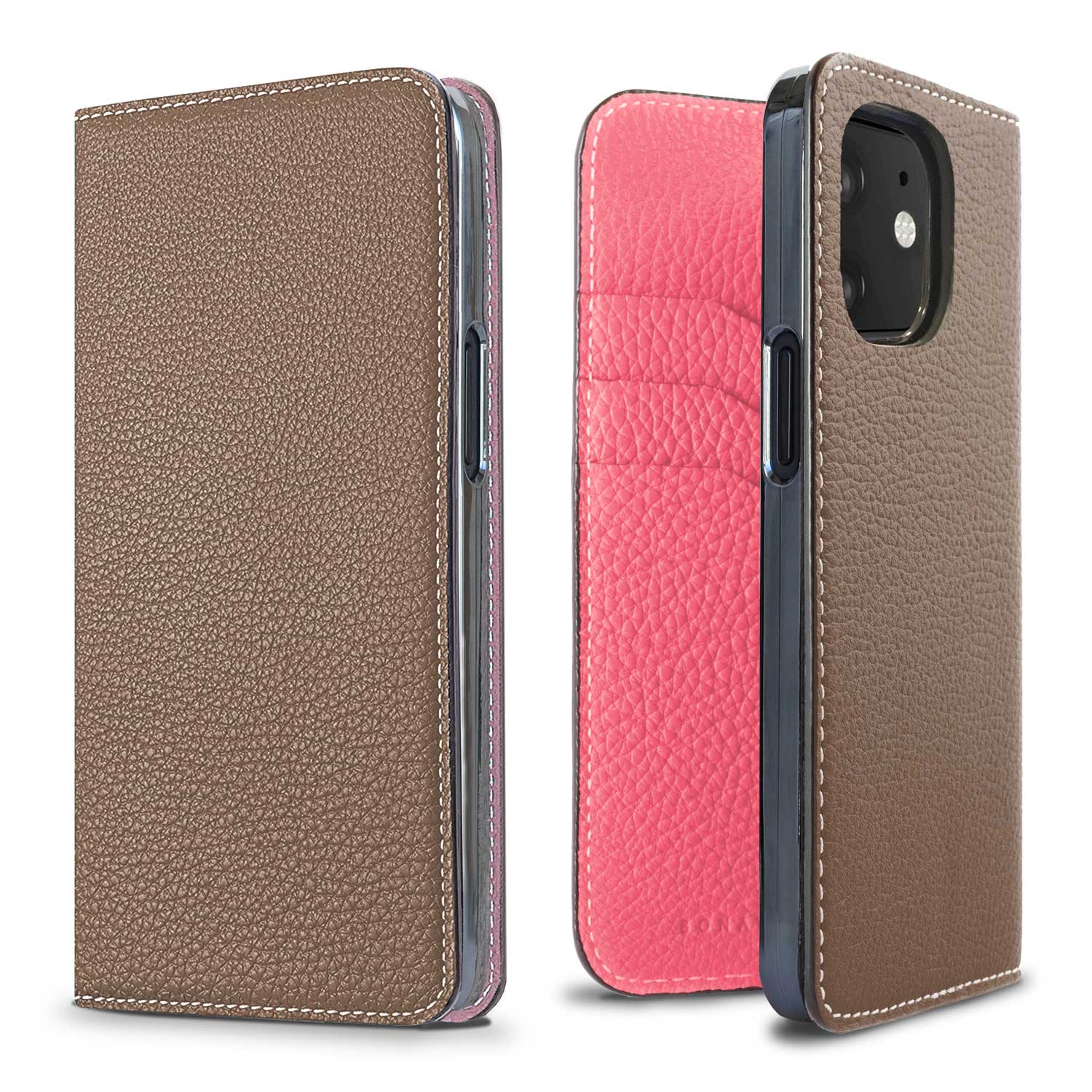 iPhone 12 mini Diary Case Shrink Leather (Etoupe × Azalee Pink)