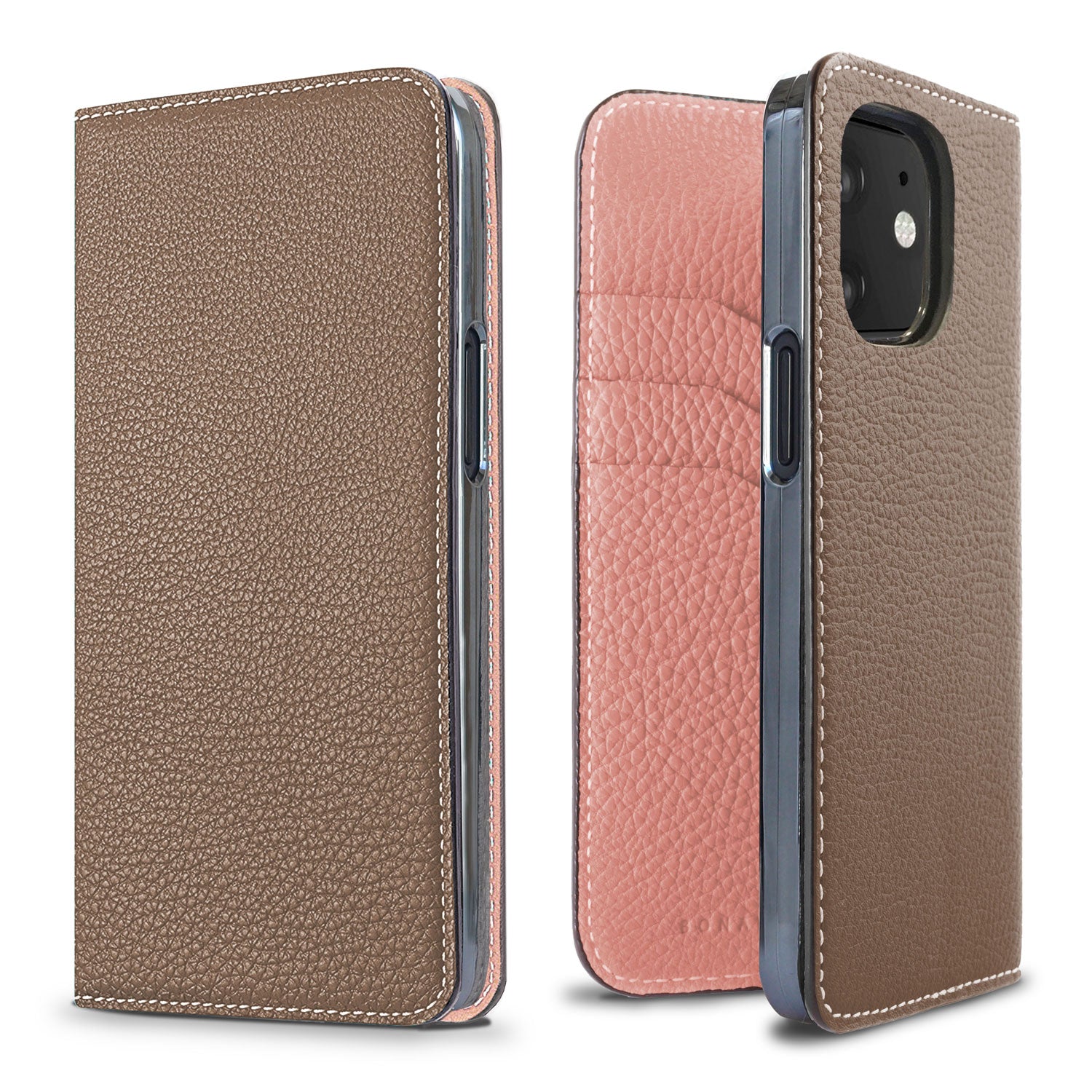 iPhone 12 mini Diary Case Shrink Leather (Etoupe × Coral Pink)