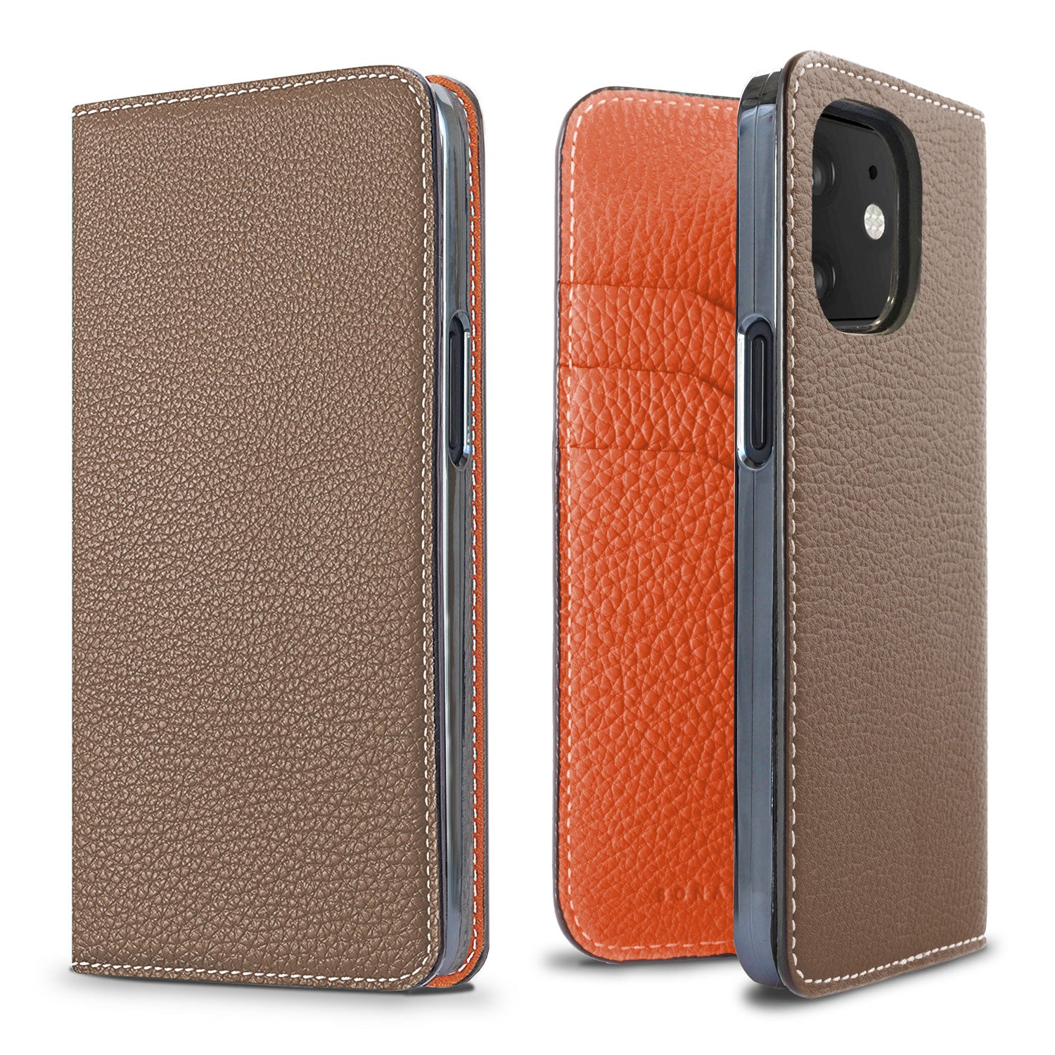 iPhone 12 mini Diary Case Shrink Leather (Etoupe × Orange)