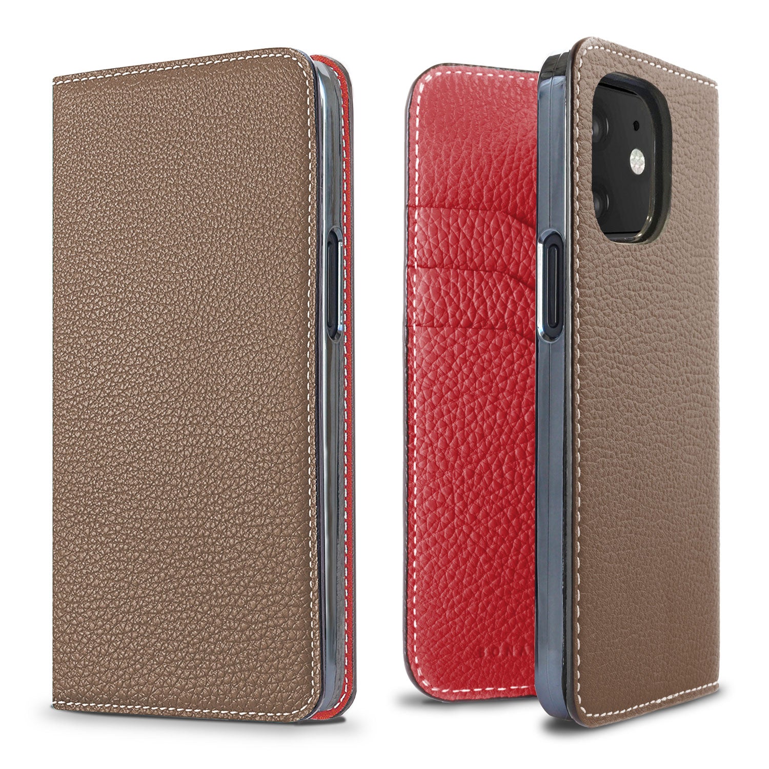 iPhone 12 mini Diary Case Shrink Leather (Etoupe × Red)