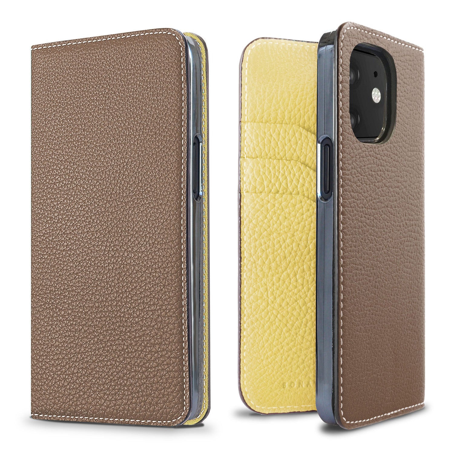 iPhone 12 mini Diary Case Shrink Leather (Etoupe × Yellow)
