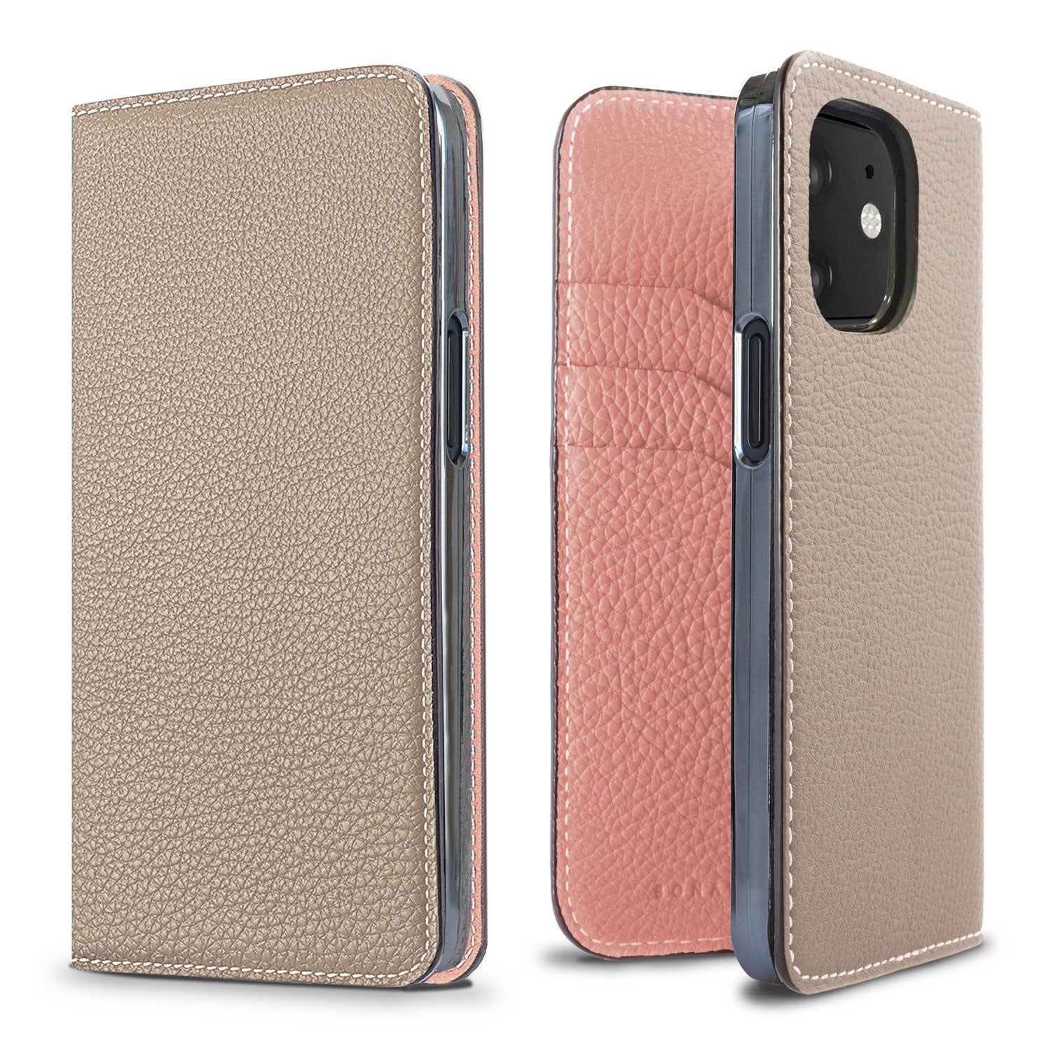 iPhone 12 mini Diary Case Shrink Leather (Greige × Coral Pink)