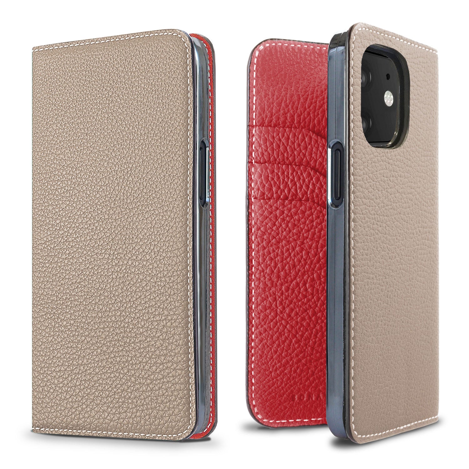 iPhone 12 mini Diary Case Shrink Leather (Greige × Red)