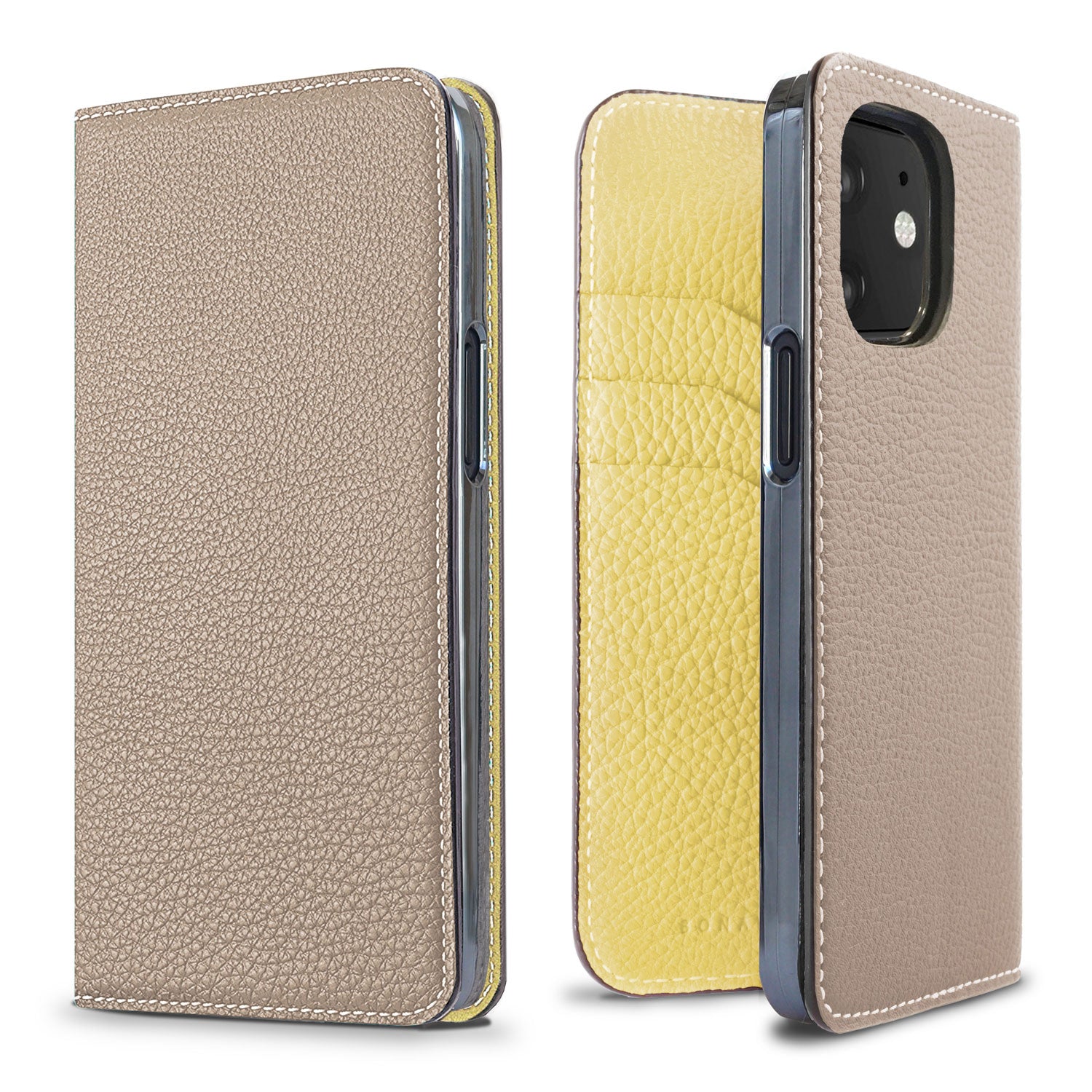 iPhone 12 mini Diary Case Shrink Leather (Greige × Yellow)