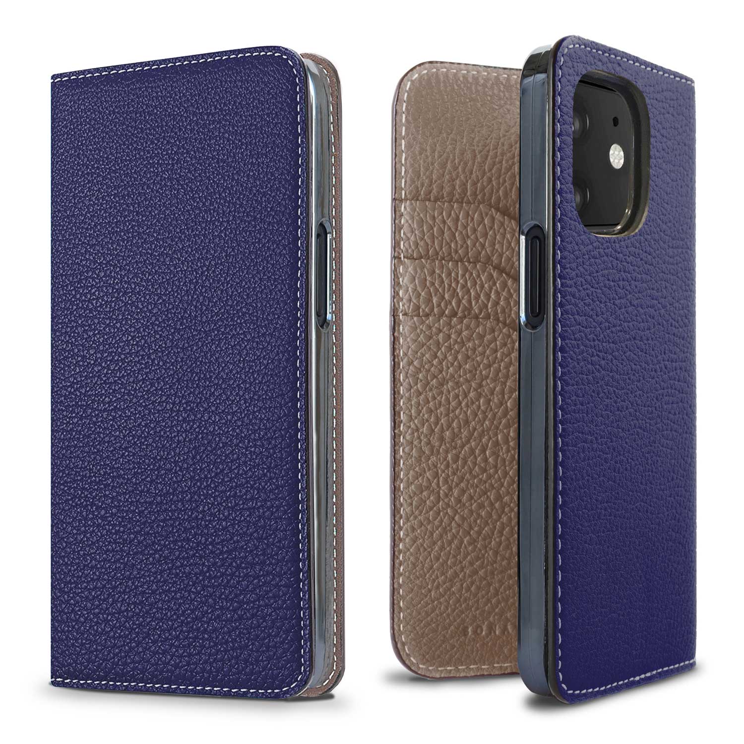 iPhone 12 mini Diary Case Shrink Leather (Indigo Blue × Etoupe)