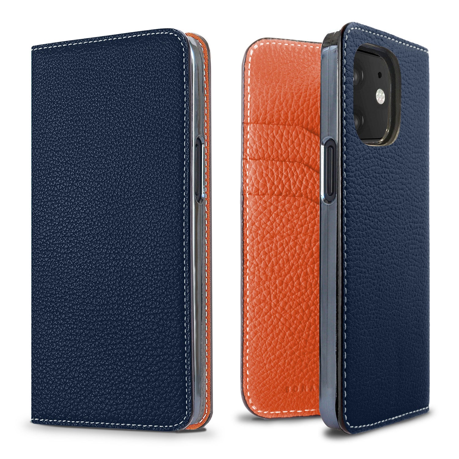 iPhone 12 mini Diary Case Shrink Leather (Navy × Orange)