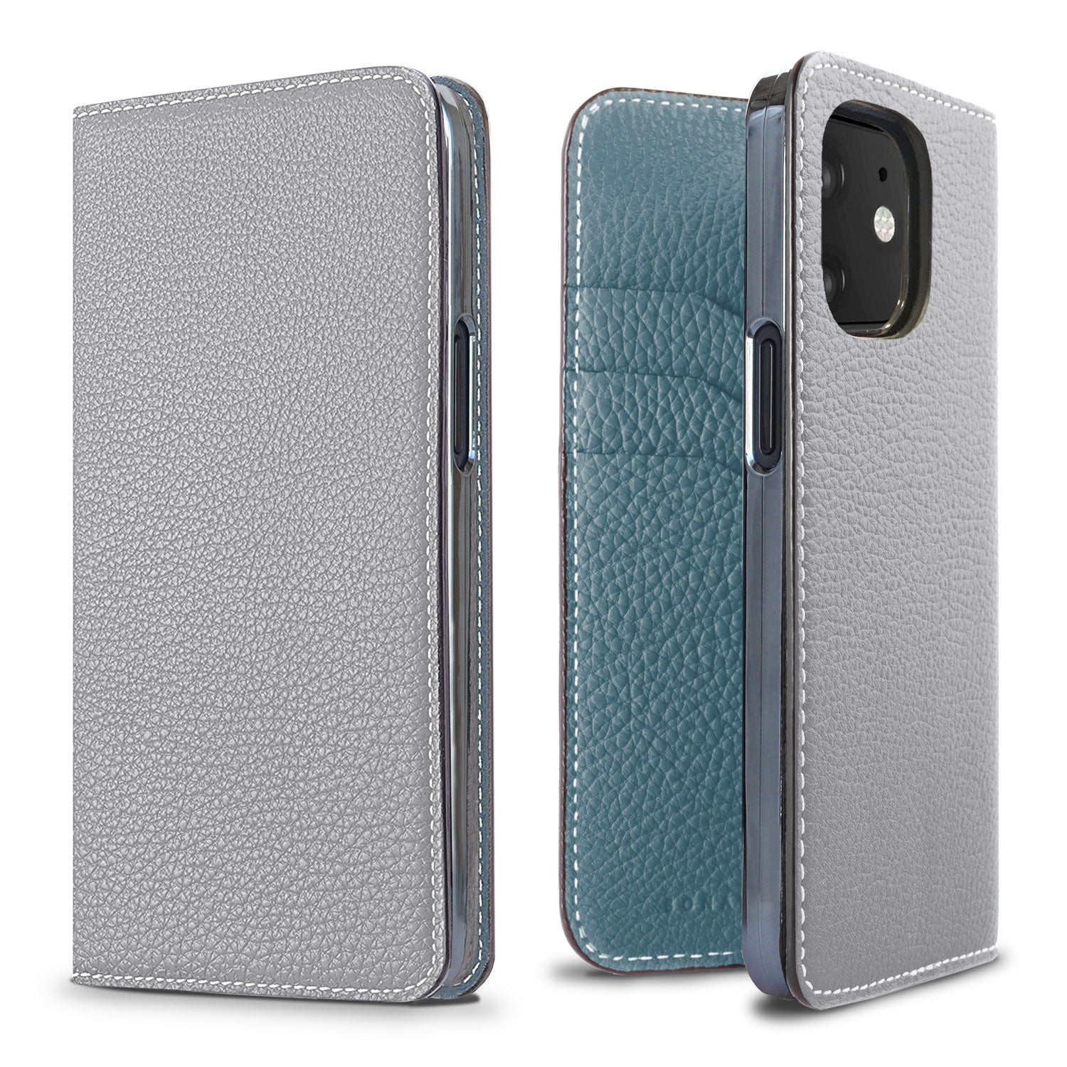 iPhone 12 mini Diary Case Shrink Leather (True Gray × Blue Cyan)
