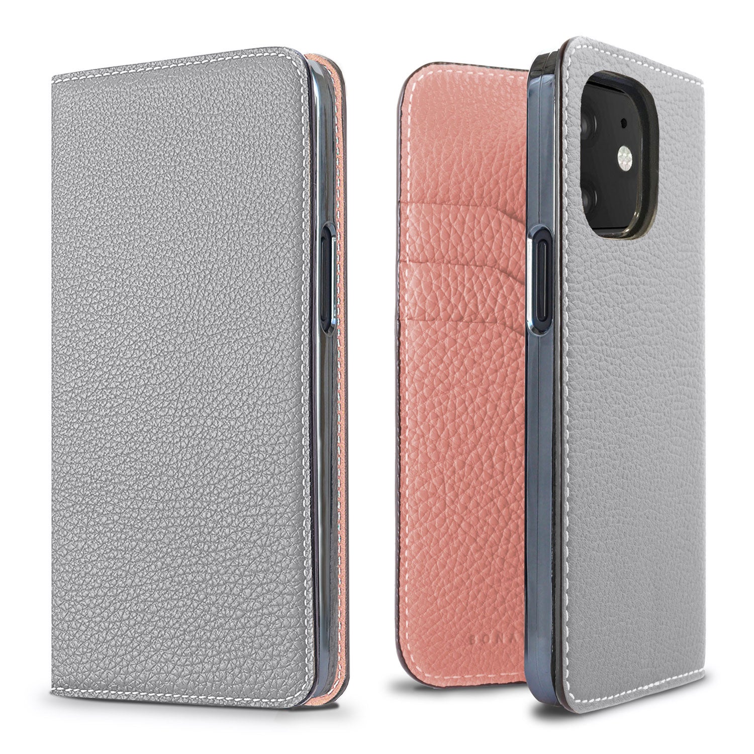 iPhone 12 mini Diary Case Shrink Leather (True Gray × Coral Pink)