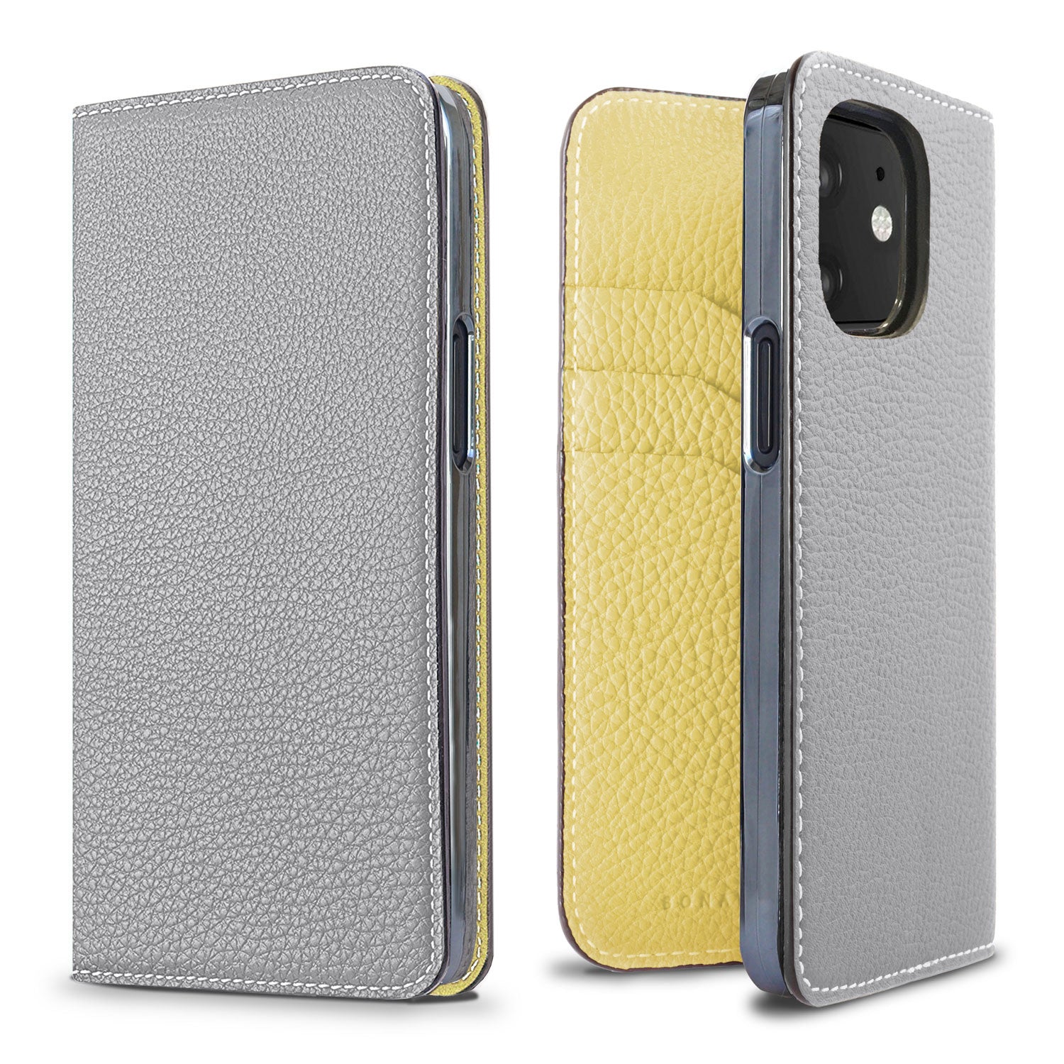 iPhone 12 mini Diary Case Shrink Leather (True Gray × Yellow)