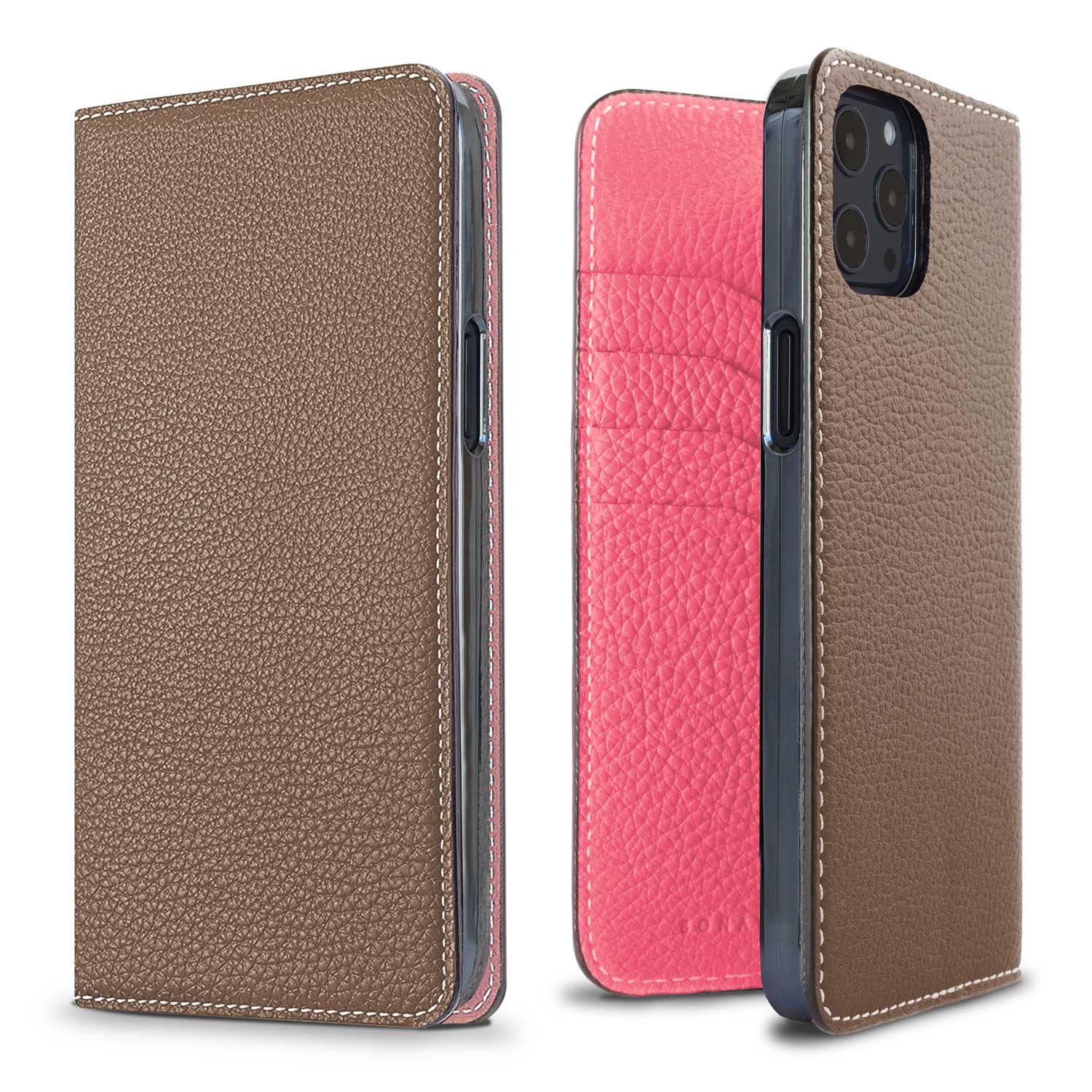 iPhone 12 Pro Max Diary Case Shrink Leather (Etoupe × Azalee Pink)
