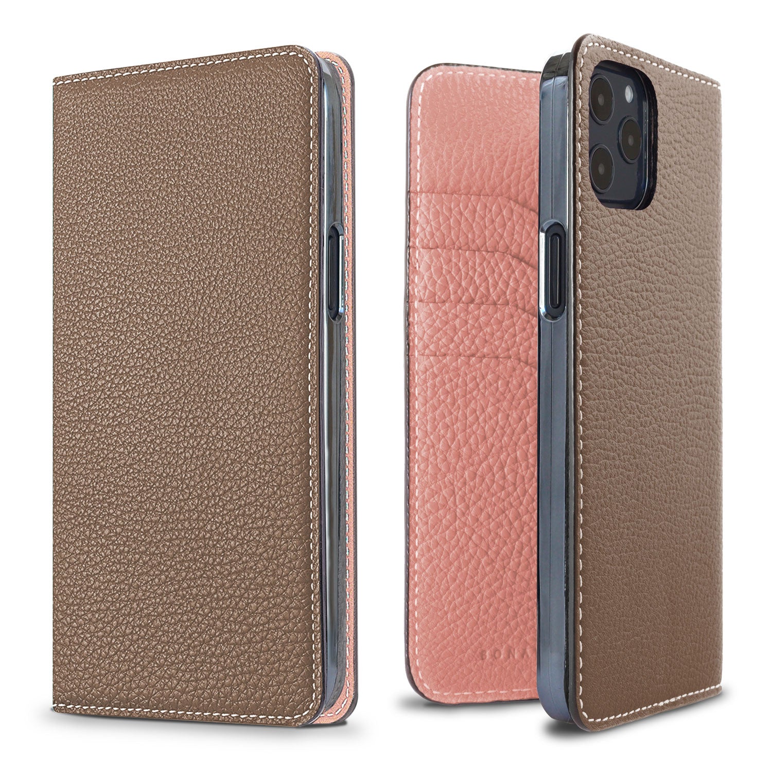 iPhone 12 Pro Max Diary Case Shrink Leather (Etoupe × Coral Pink)