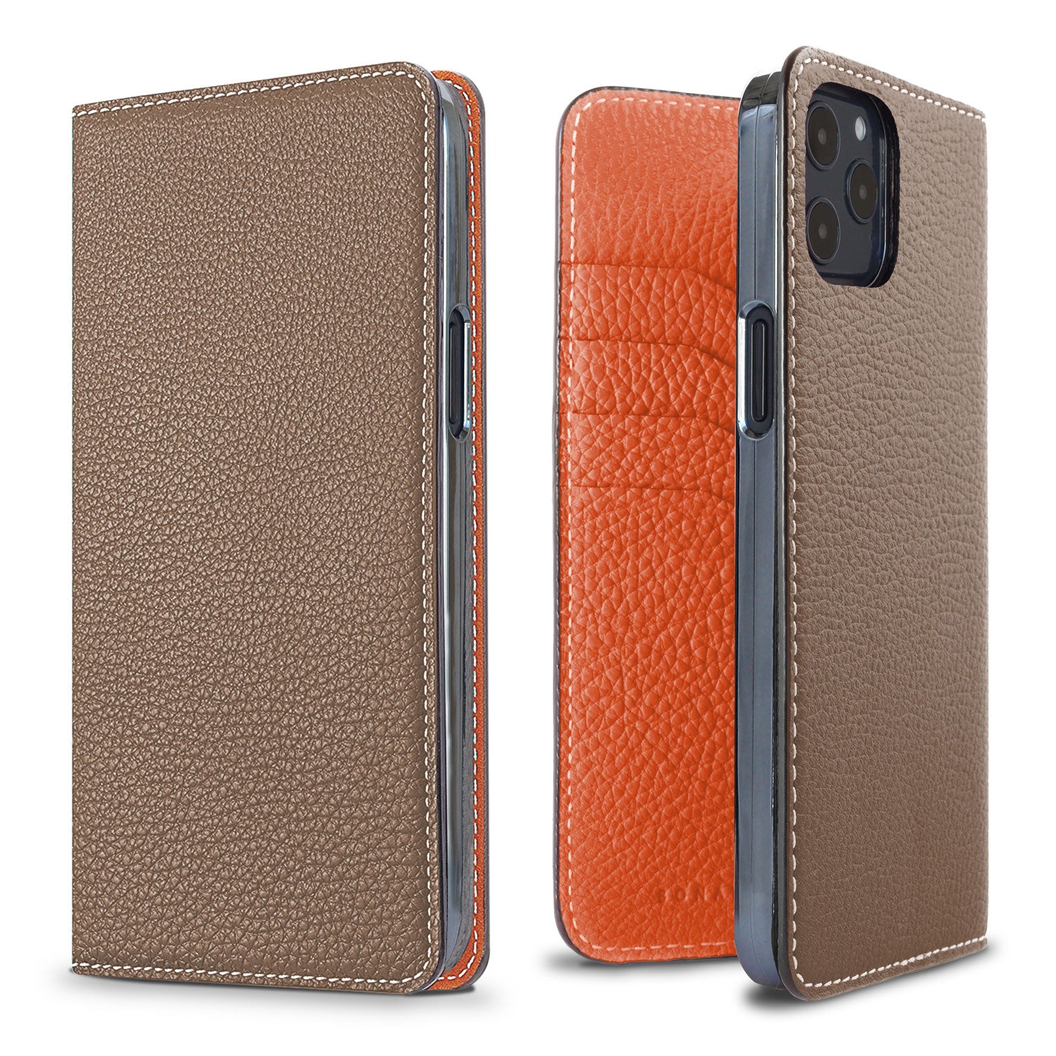 iPhone 12 Pro Max Diary Case Shrink Leather (Etoupe × Orange)