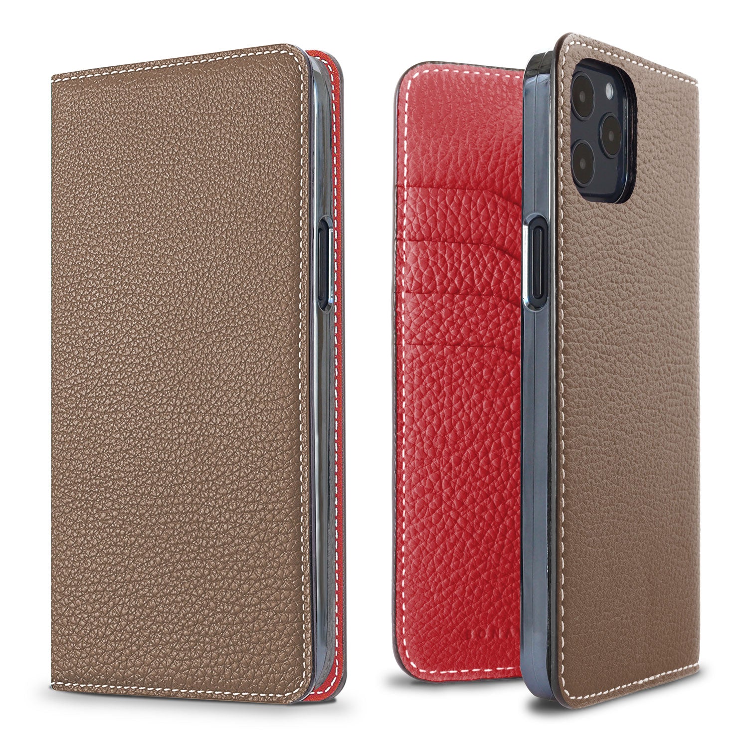 iPhone 12 Pro Max Diary Case Shrink Leather (Etoupe × Red)