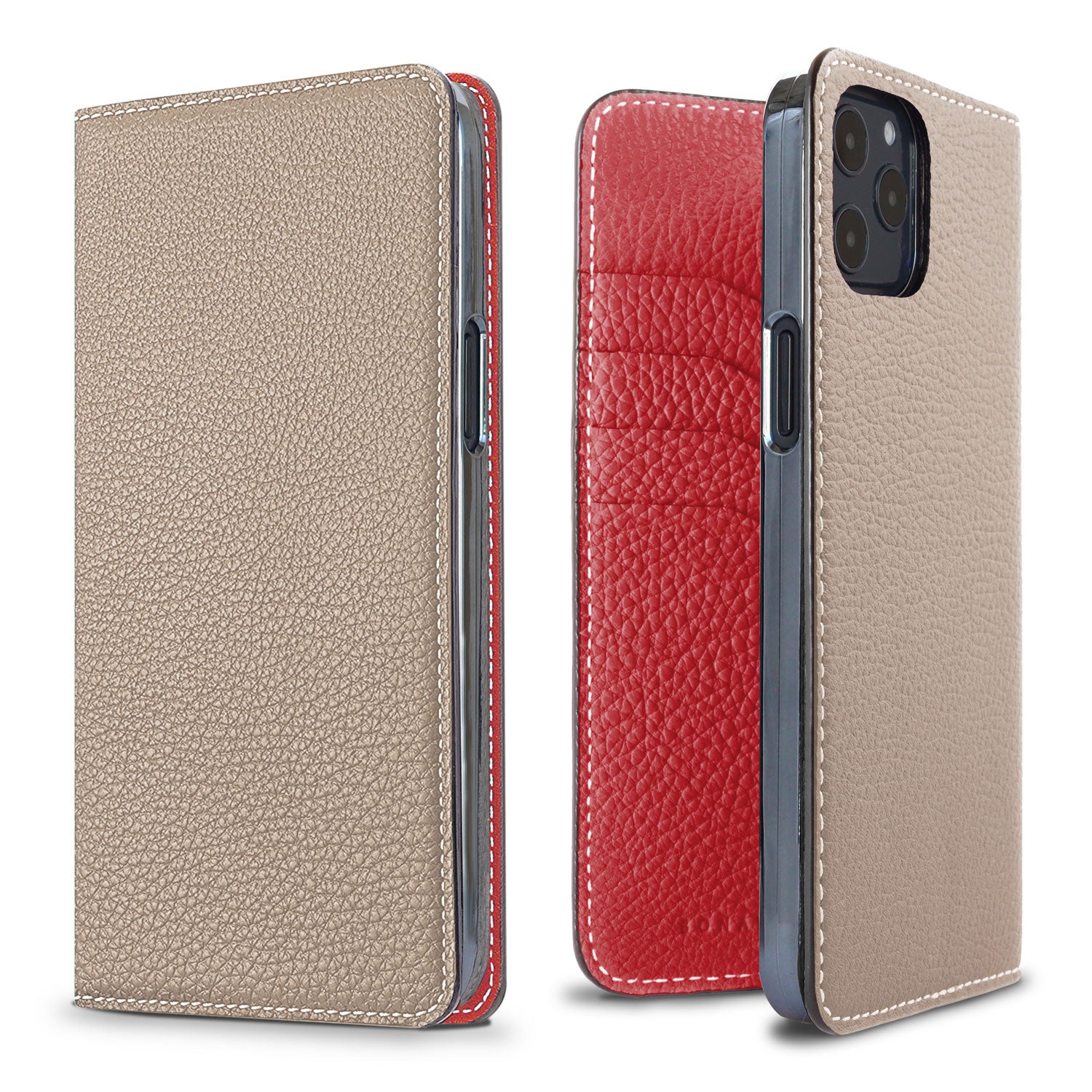 iPhone 12 Pro Max Diary Case Shrink Leather (Greige × Red)