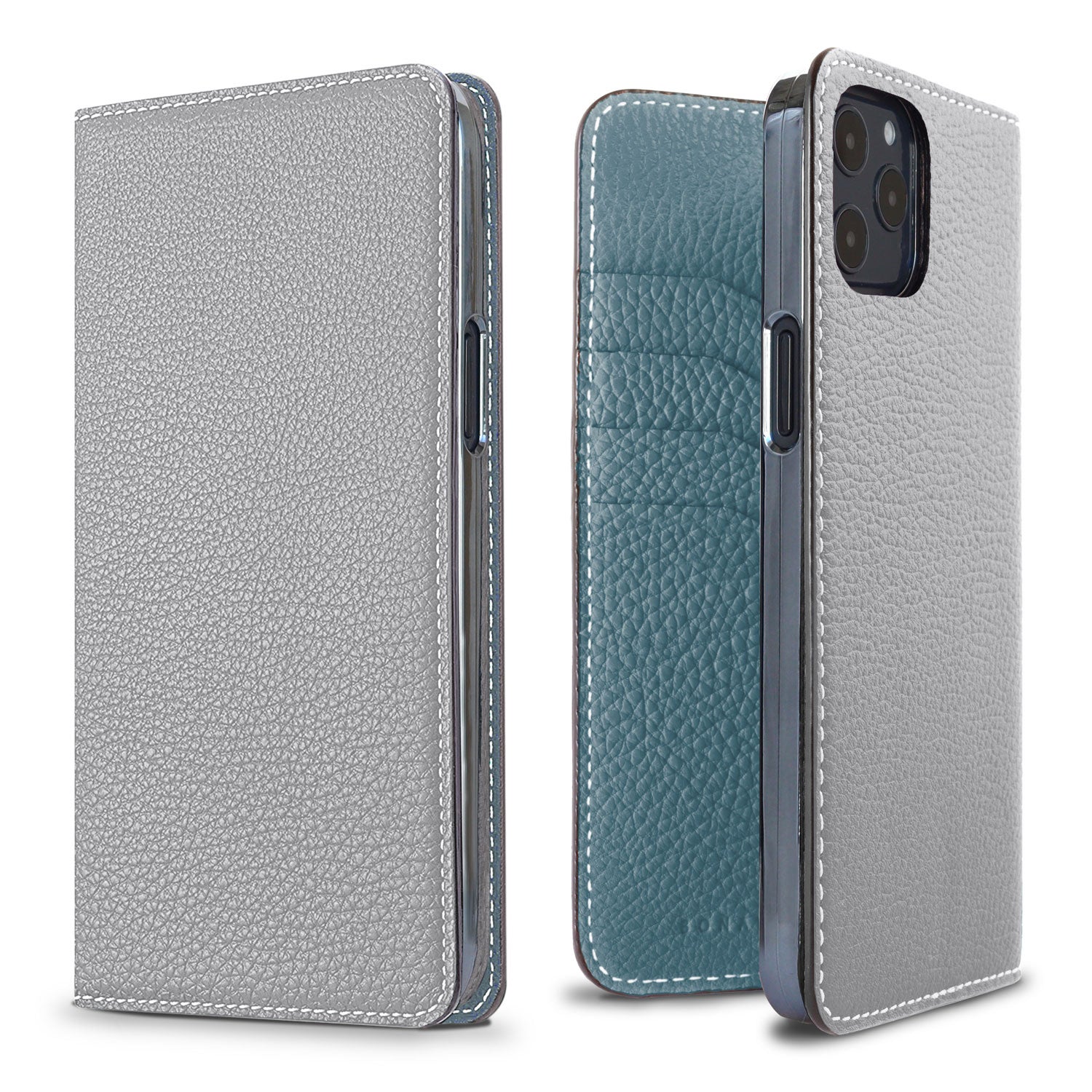 iPhone 12 Pro Max Diary Case Shrink Leather (True Gray × Blue Cyan)